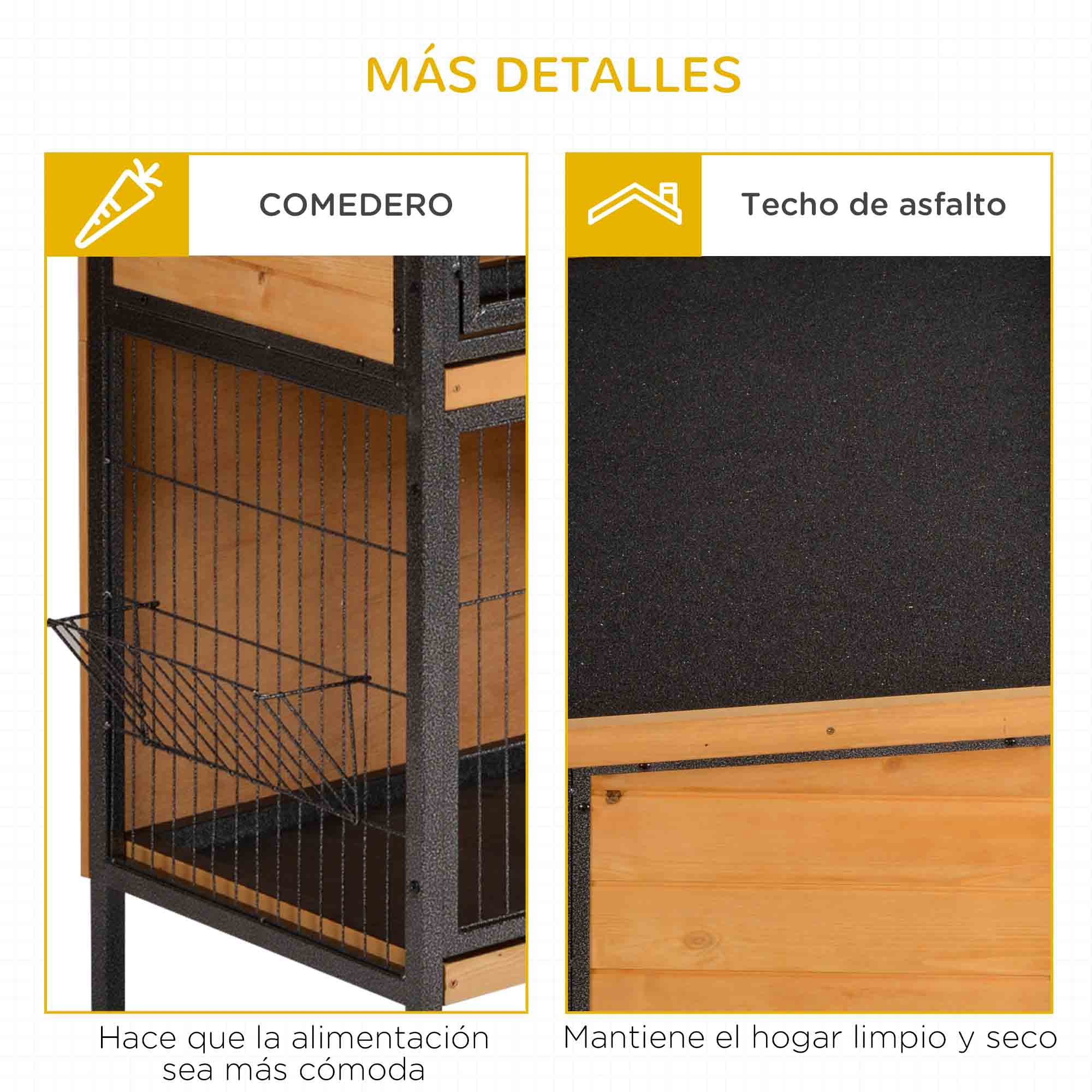 Primer plano de las características de la jaula, comedero y techo de asfalto. El texto dice que alimentar es más fácil y mantiene el hogar limpio.