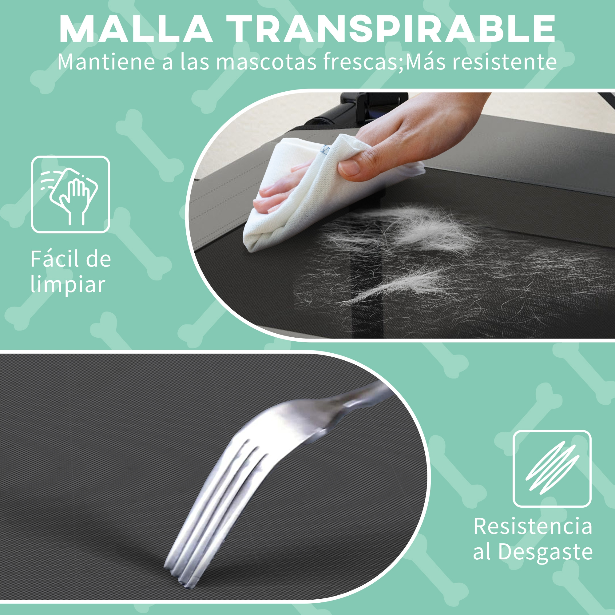 Primer plano de la malla de la cama para perros, una mano que la limpia y un tenedor. El texto dice que es fácil de limpiar y resistente al desgaste.