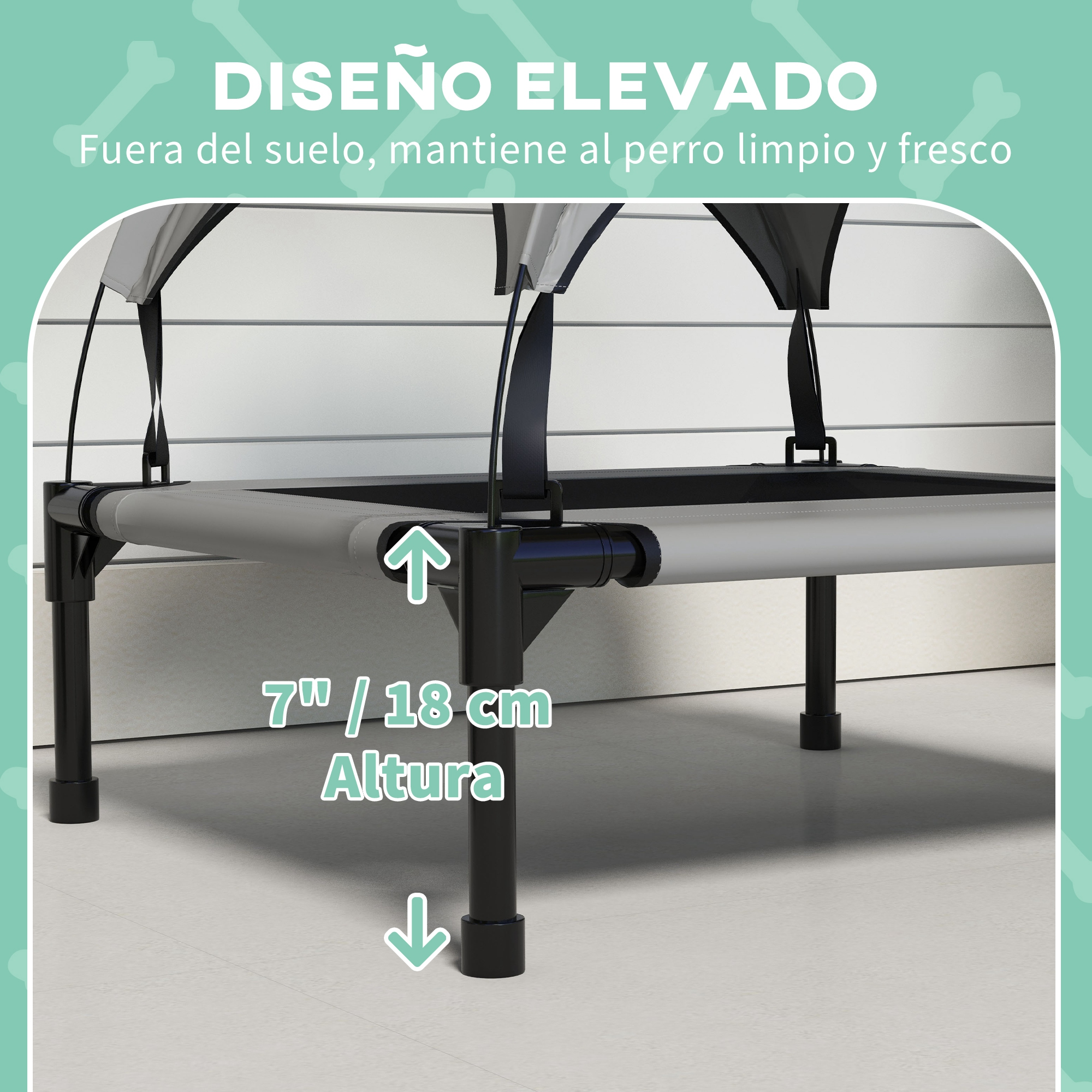 Una cama para mascotas sobre patas negras con dosel. Elevada del suelo. La altura es de 7 pulgadas.