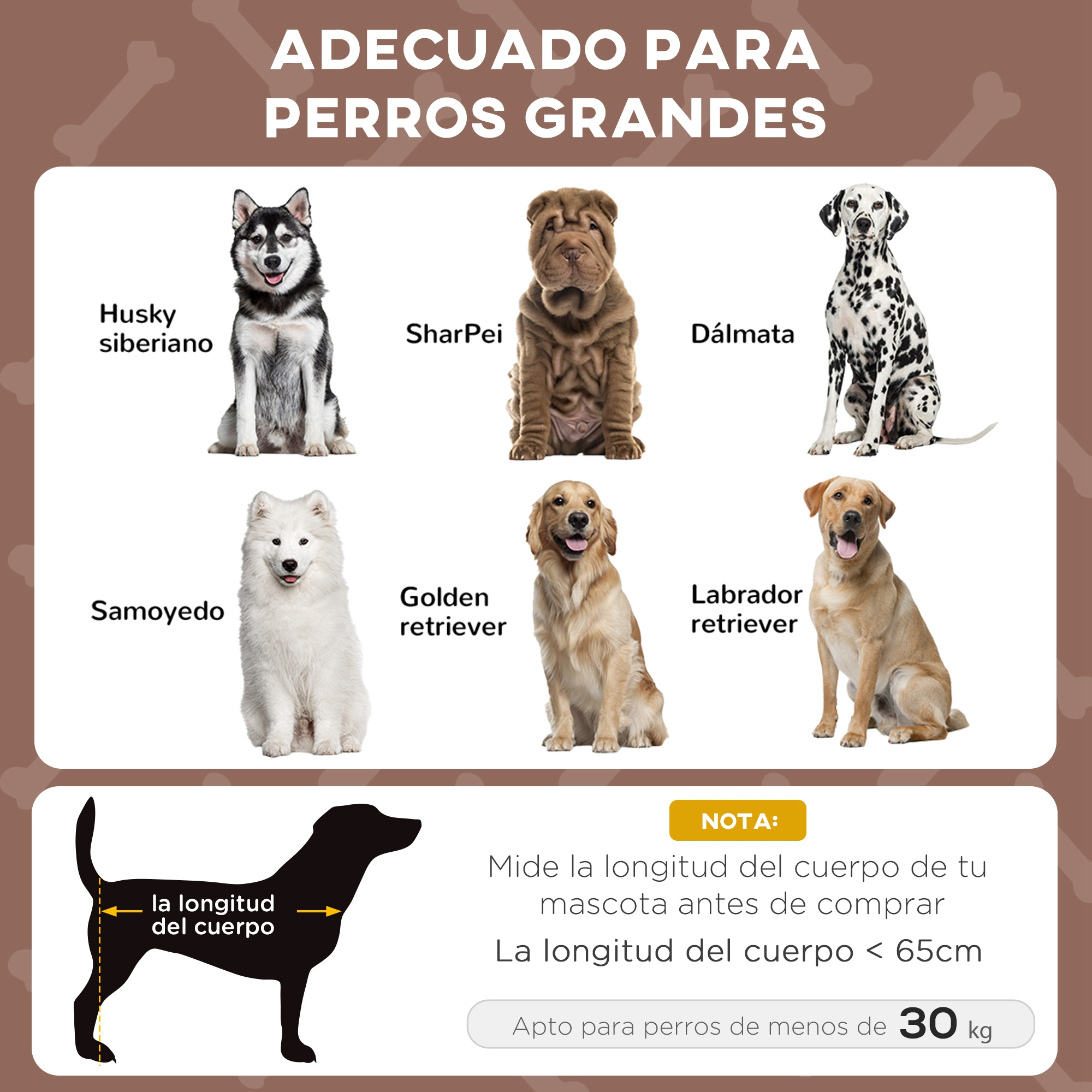La imagen muestra razas de perros y una jaula, el texto indica que es para perros grandes.