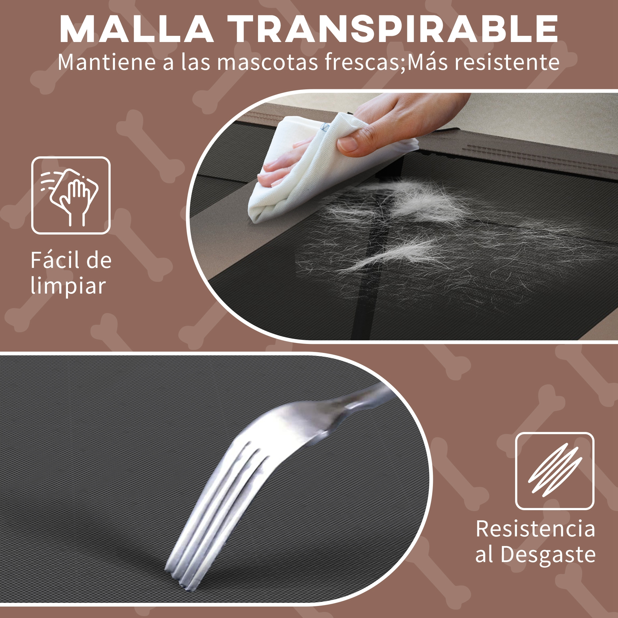 Primer plano de la malla de la cama para perros. Una mano limpia la malla y se muestra un tenedor.