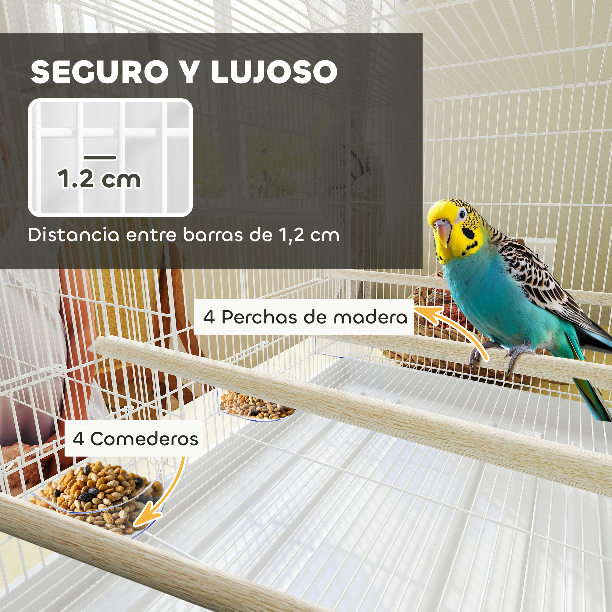 Primer plano de una jaula para pájaros con un ave. La jaula tiene perchas de madera y comederos.