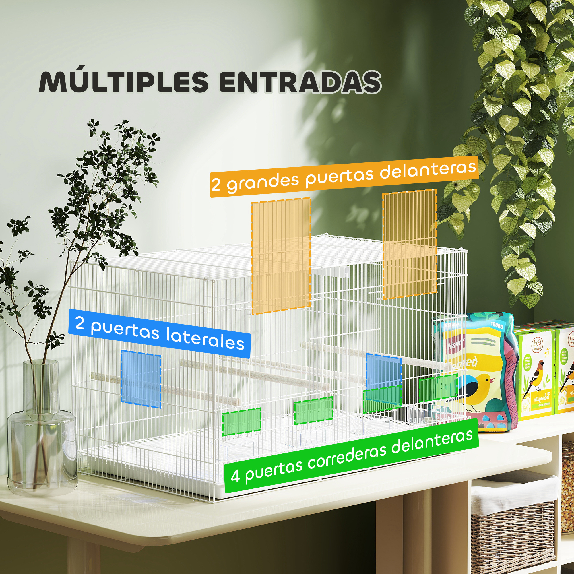 Una jaula blanca con texto. Texto: Múltiples entradas. 2 puertas delanteras grandes, 2 laterales y 4 correderas delanteras.