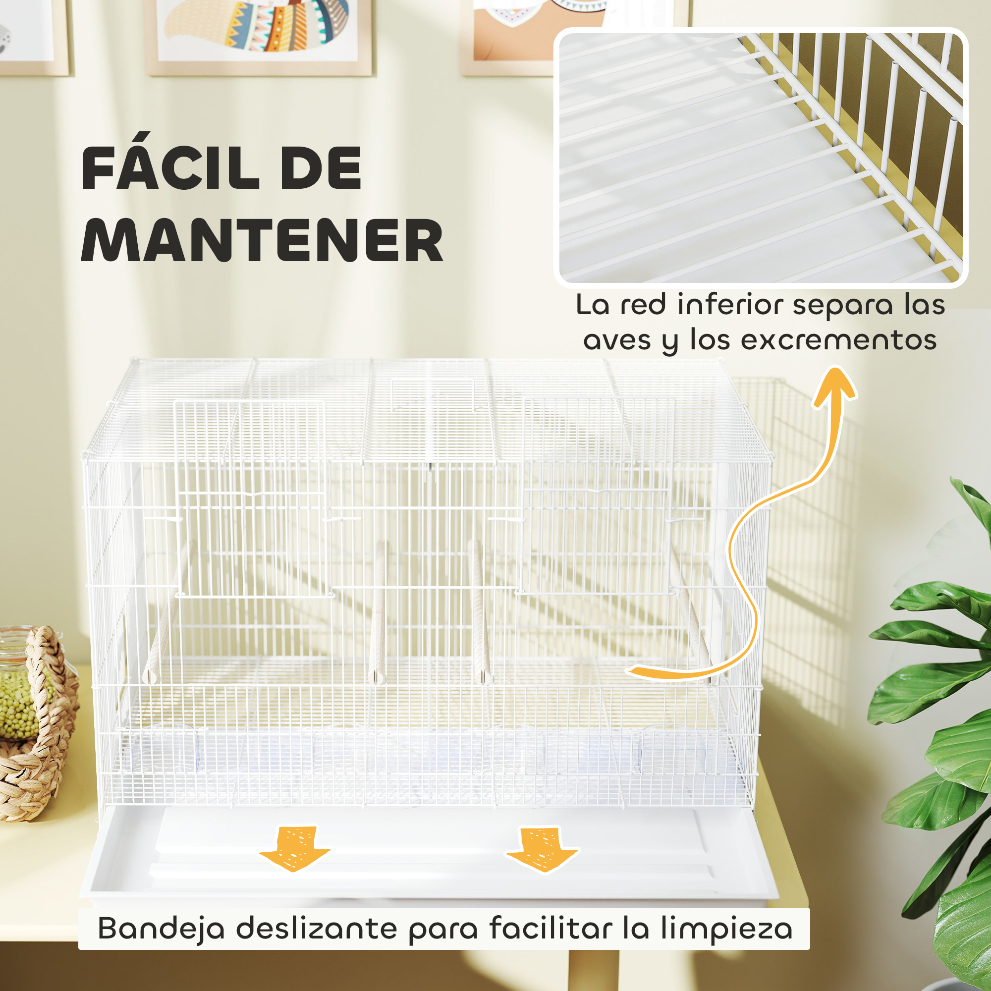 Una jaula blanca con texto. Texto: Fácil de mantener. La red inferior separa aves y excrementos. Bandeja deslizante para limpiar.
