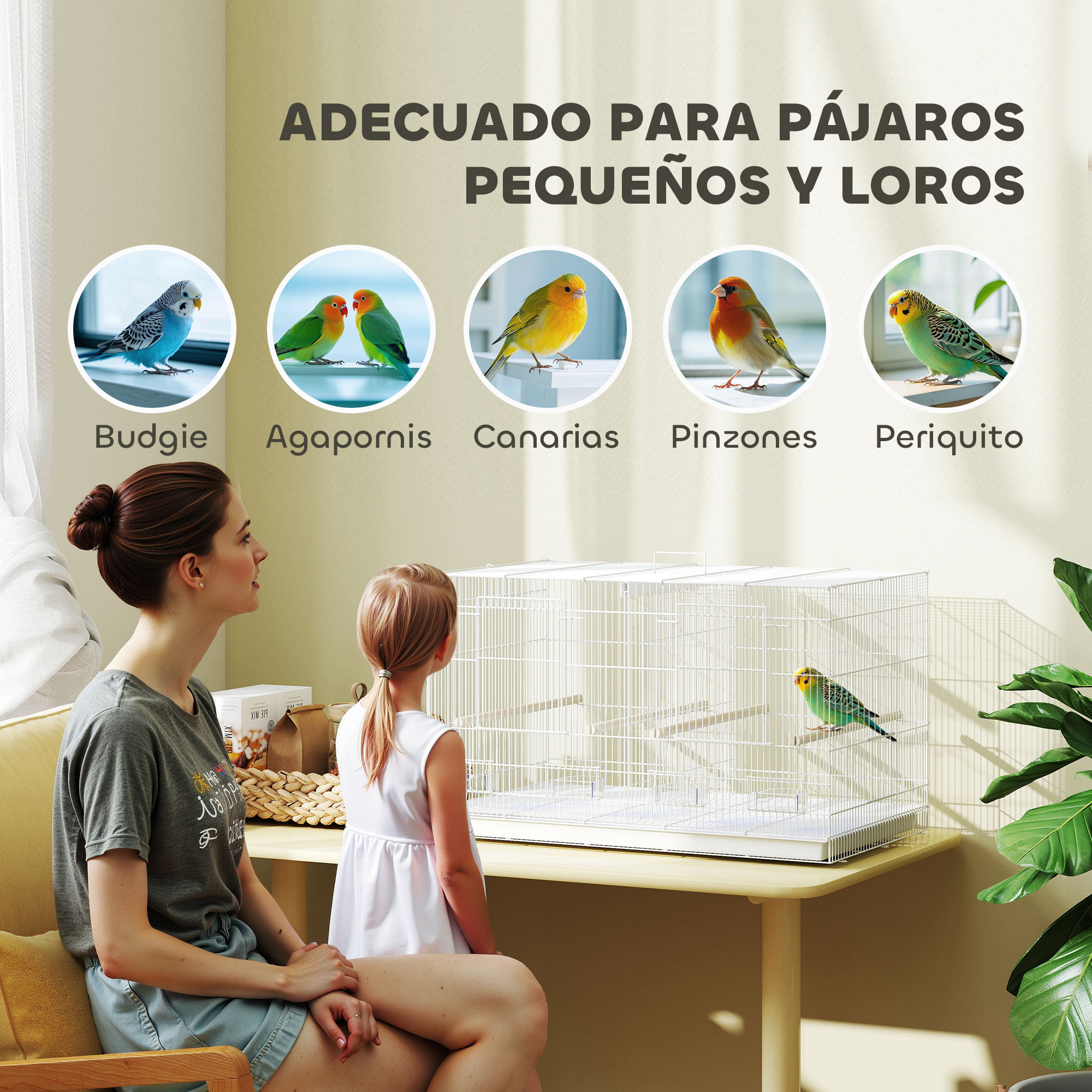 Una mujer y una niña miran una jaula de pájaros con un pájaro. Otras especies de aves en círculos.