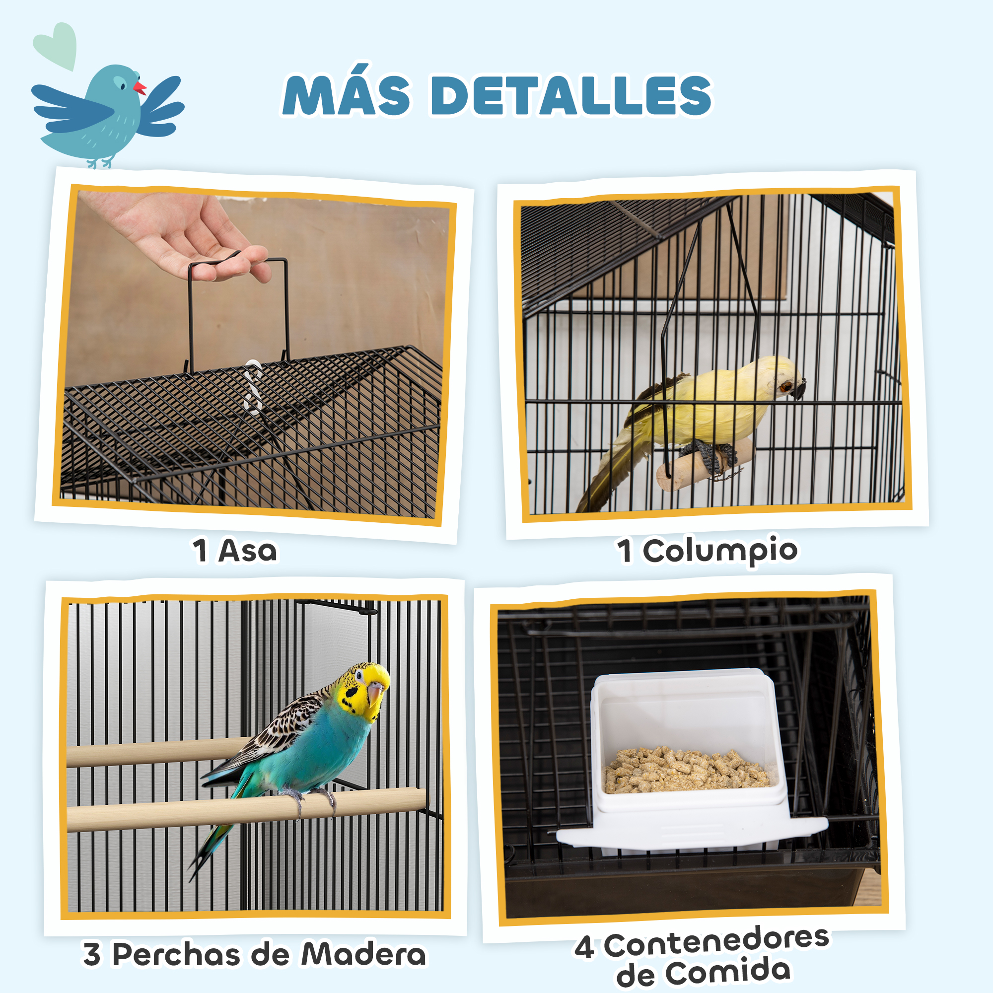 Imágenes de cerca de una jaula con detalles de asa, columpio, perchas y comederos.