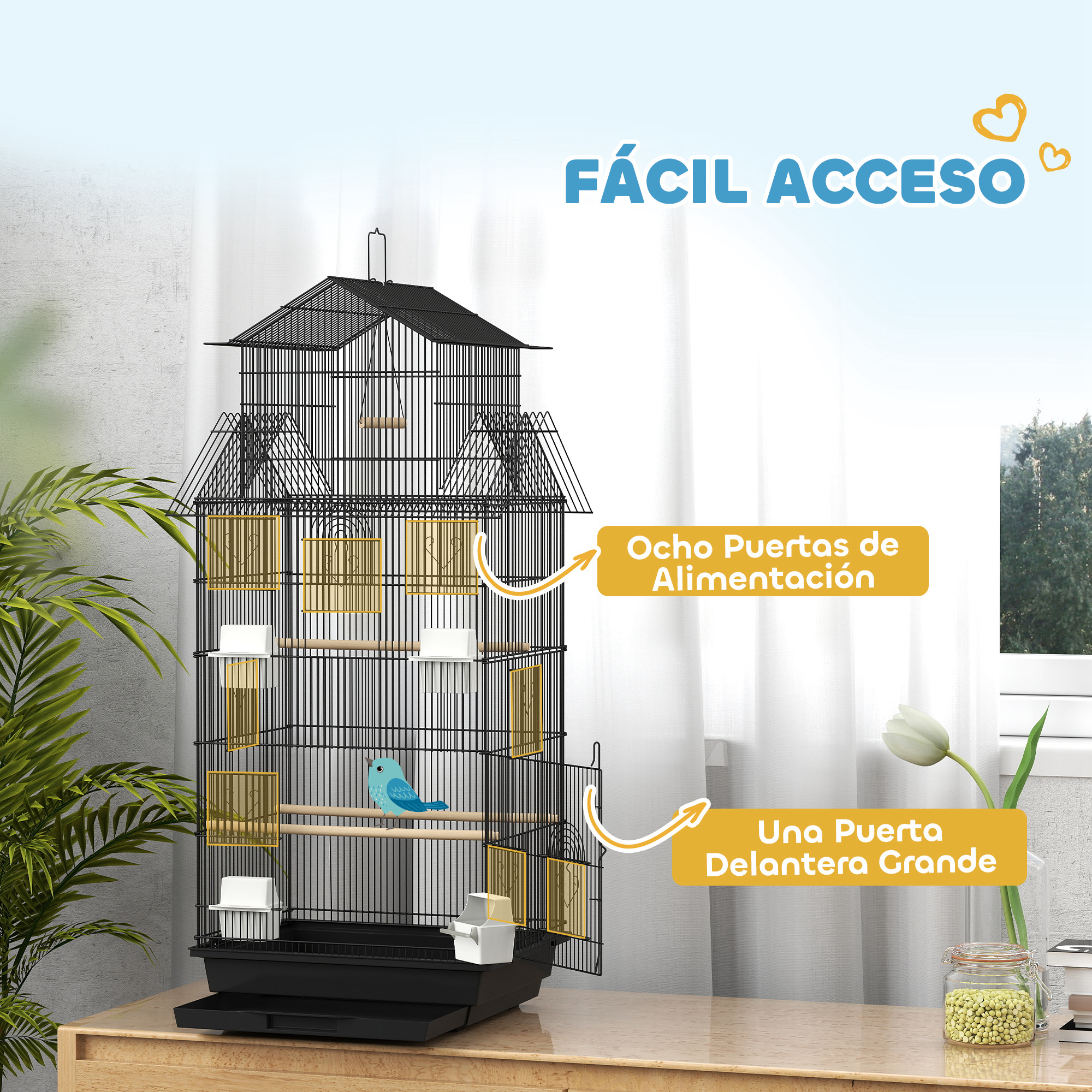 Una jaula para pájaros negra con una parte superior en forma de casa, perchas, platos de comida y un pájaro azul en su interior.