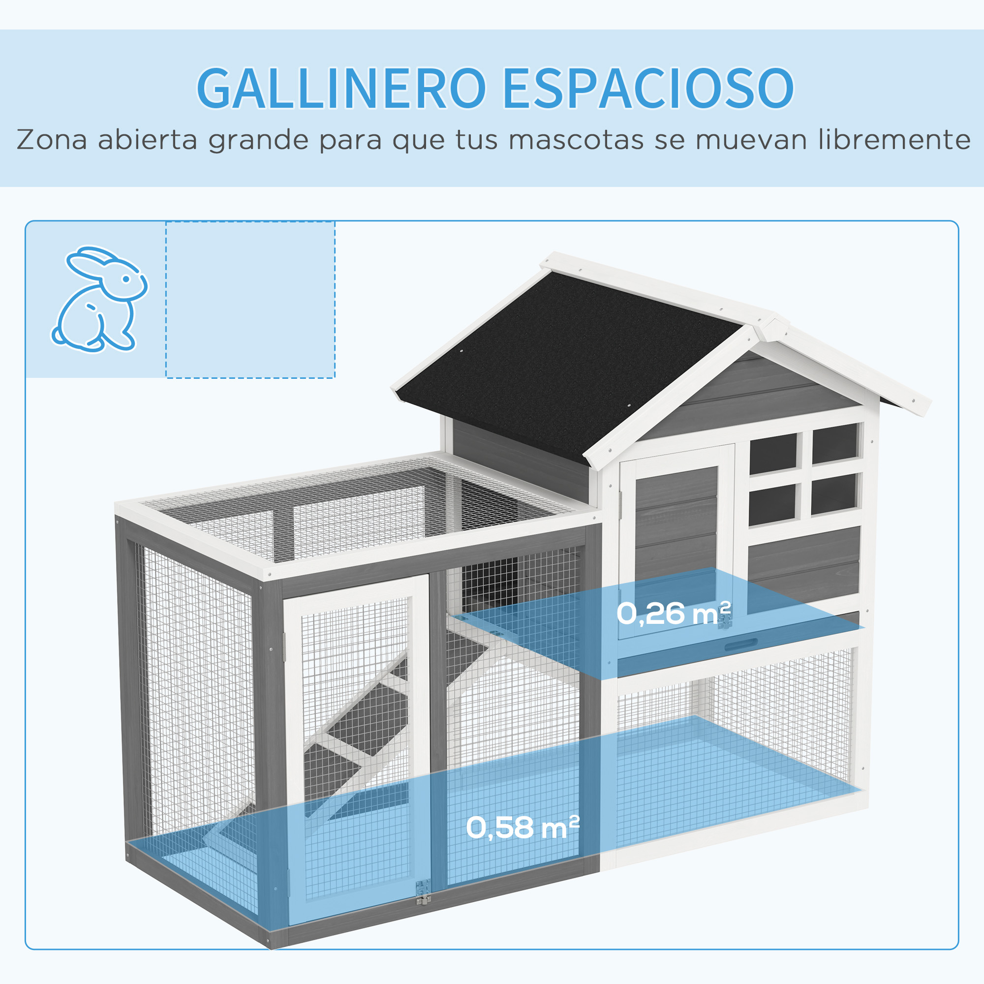 Una conejera en la hierba con un conejo dentro. La conejera tiene un diseño blanco y gris.