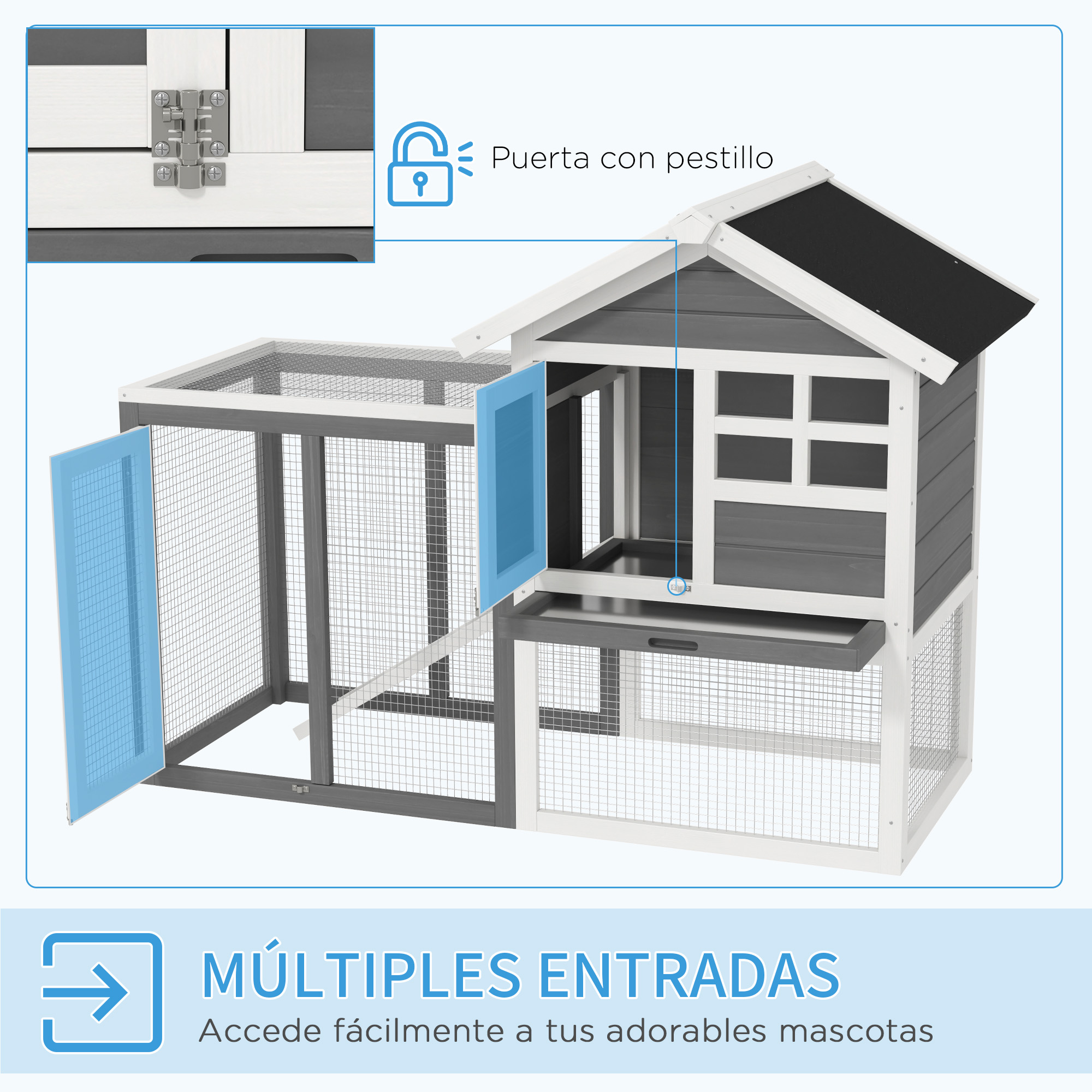 Una conejera con puerta abierta, con múltiples puntos de entrada.