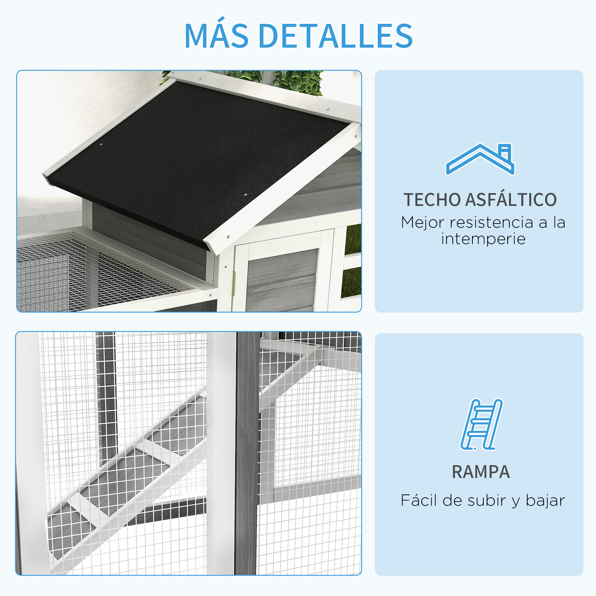 Conejera en la hierba con un conejo dentro. Una valla de madera rodea la conejera.