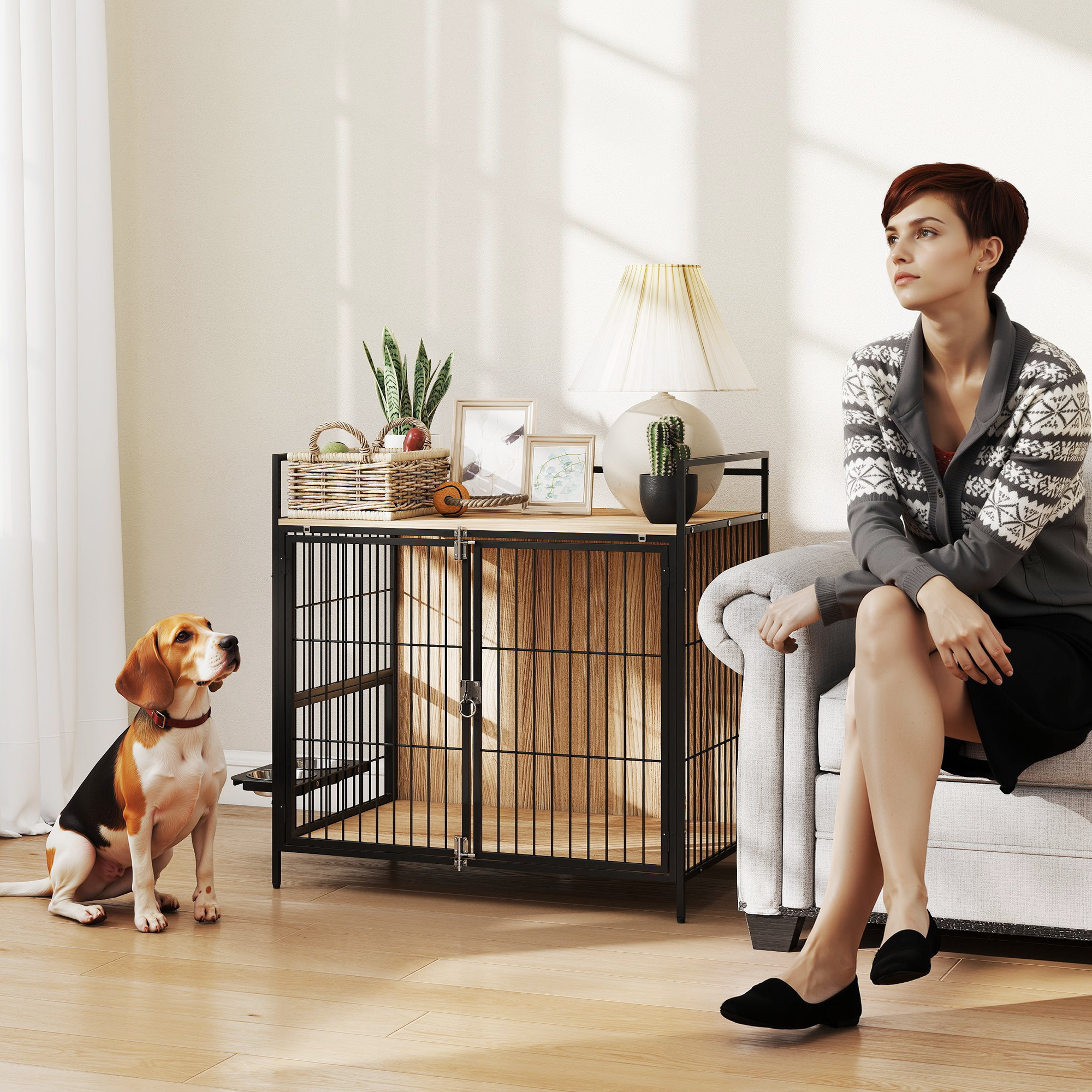 Una mujer y un perro beagle están en una habitación, cerca de una jaula para perros.