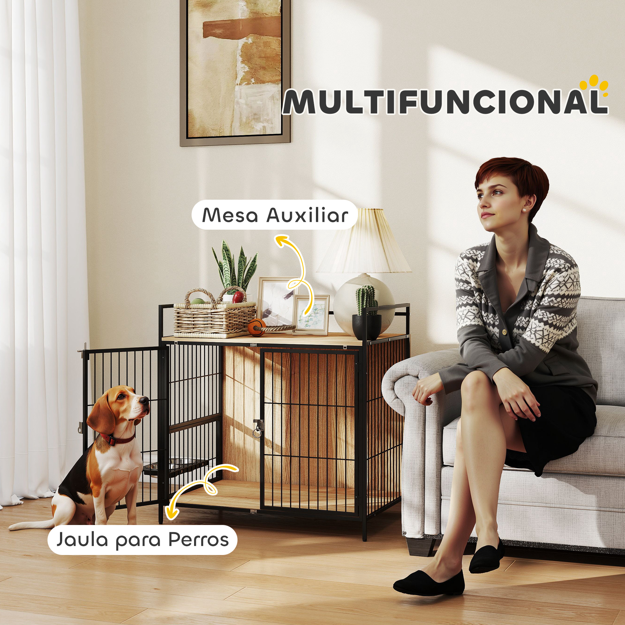 Una mujer está sentada cerca de una jaula para perros con un beagle dentro.