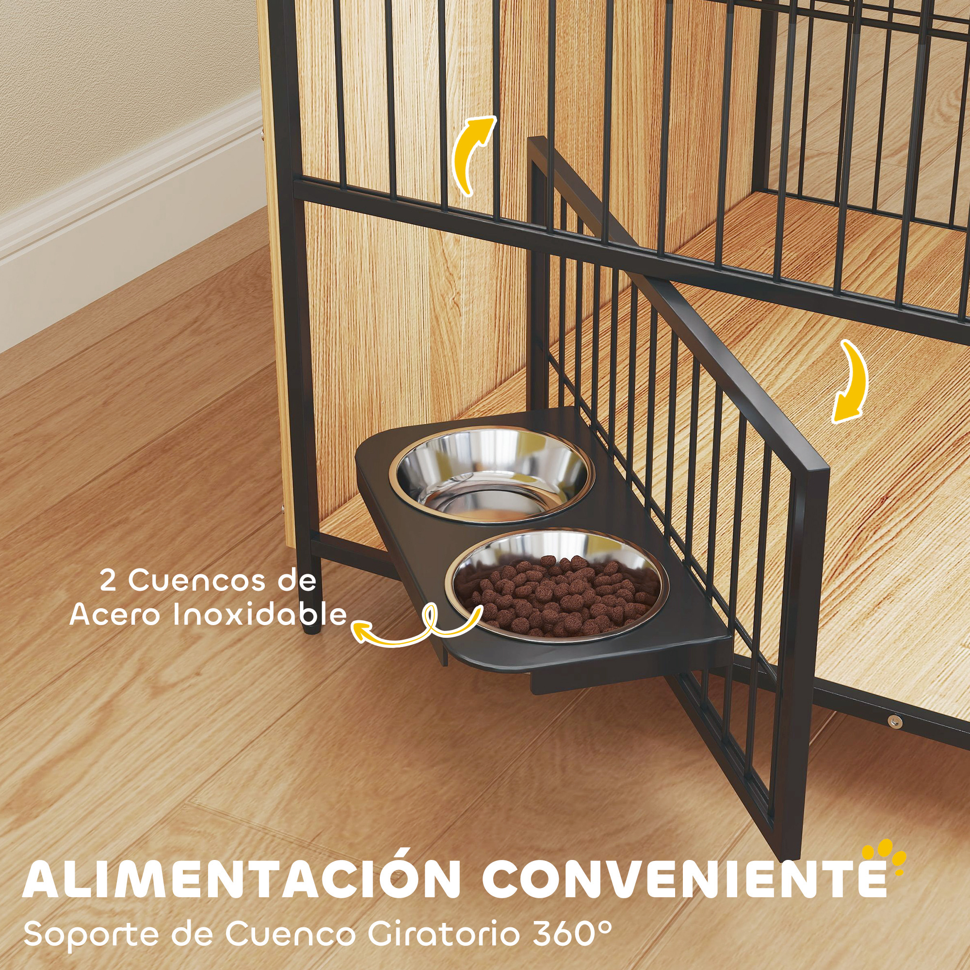 Primer plano de una jaula para perros con comederos. Los cuencos son de acero inoxidable.