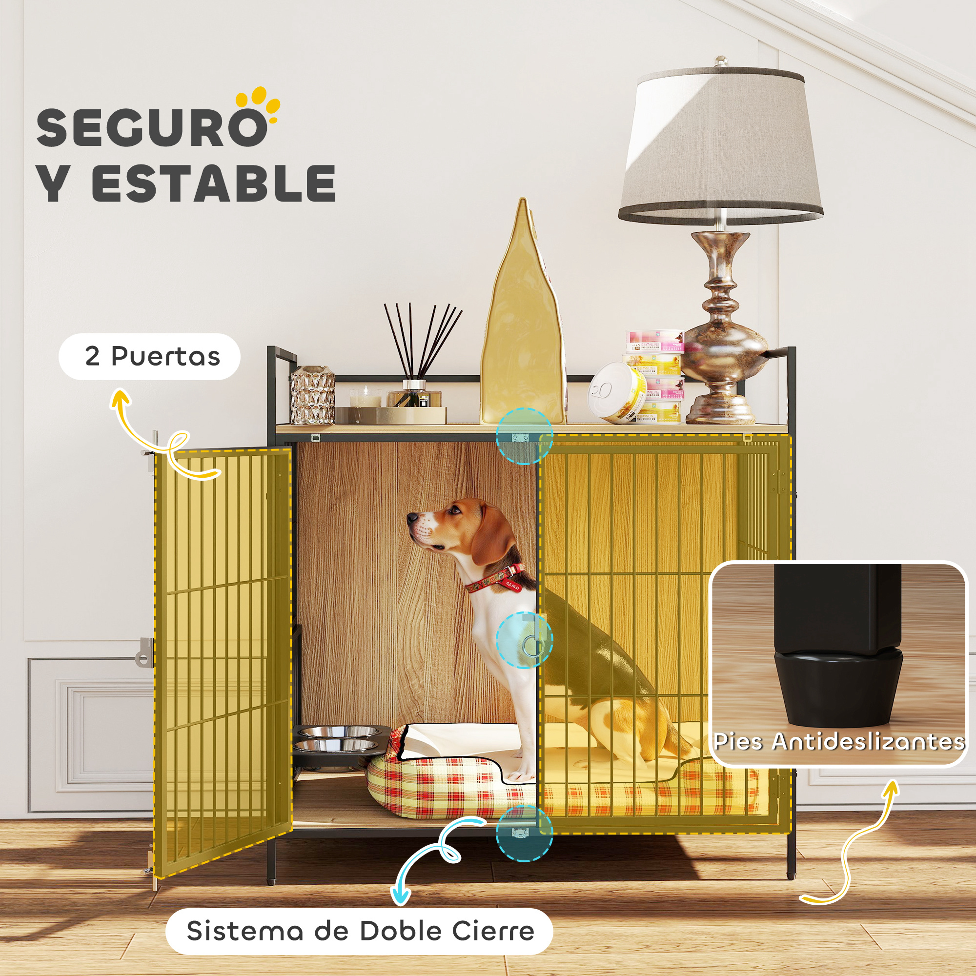 Un perro en una casa para perros con sistema de doble cierre, con la imagen de una mujer.