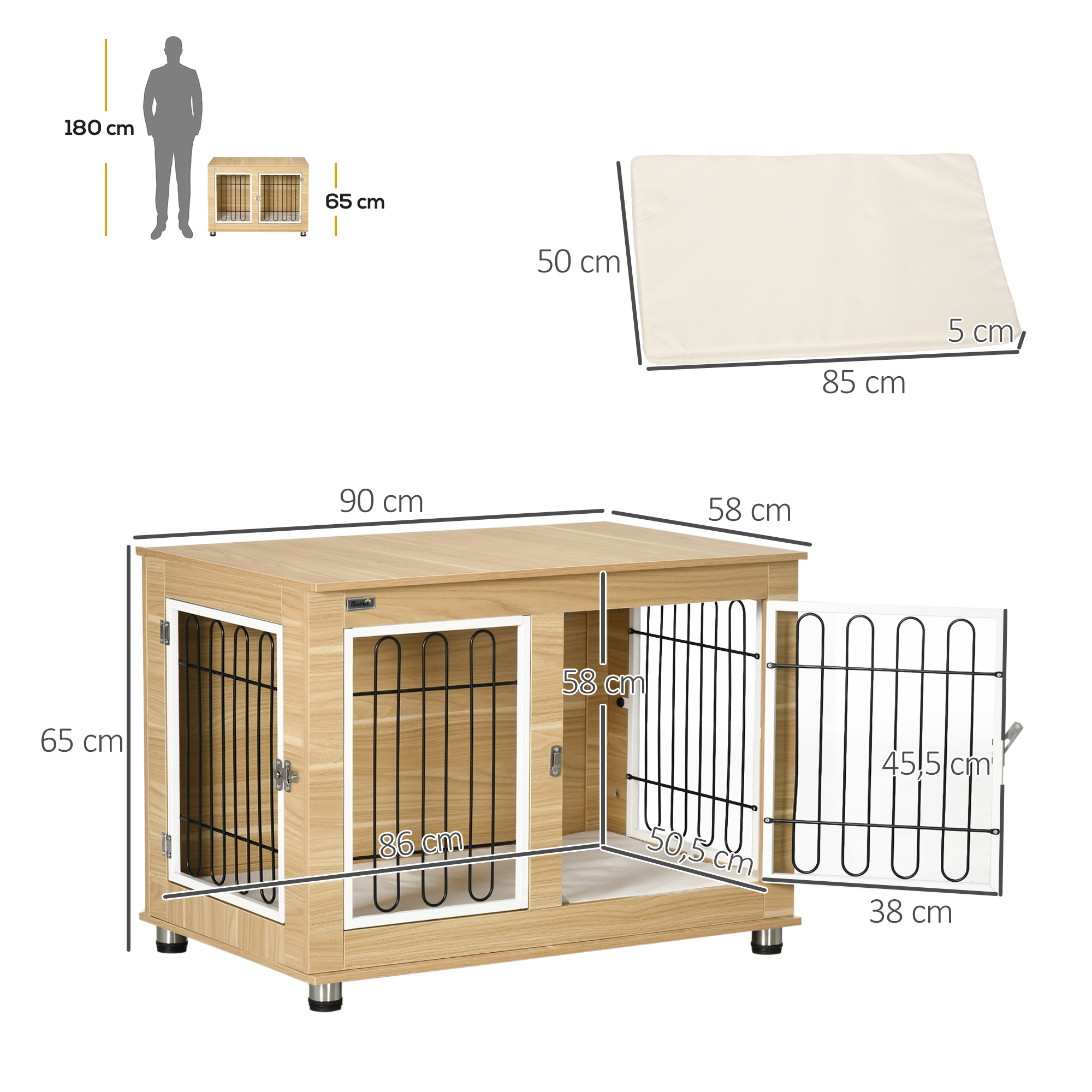 Ein hölzernes Hundehäuschen mit Maßen und einem Kissen darin.
