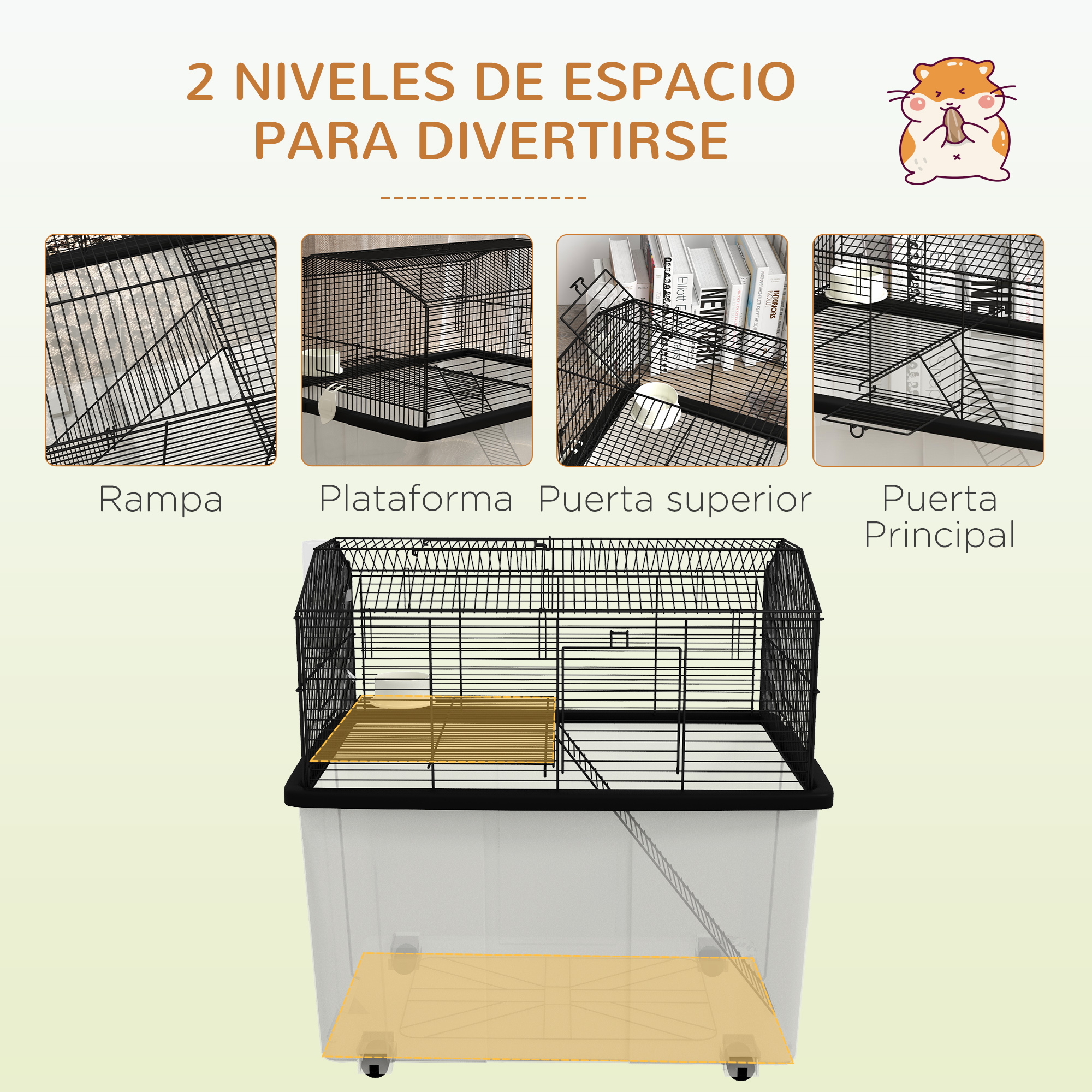 Una jaula para hámster con varios niveles. Hay múltiples partes etiquetadas.