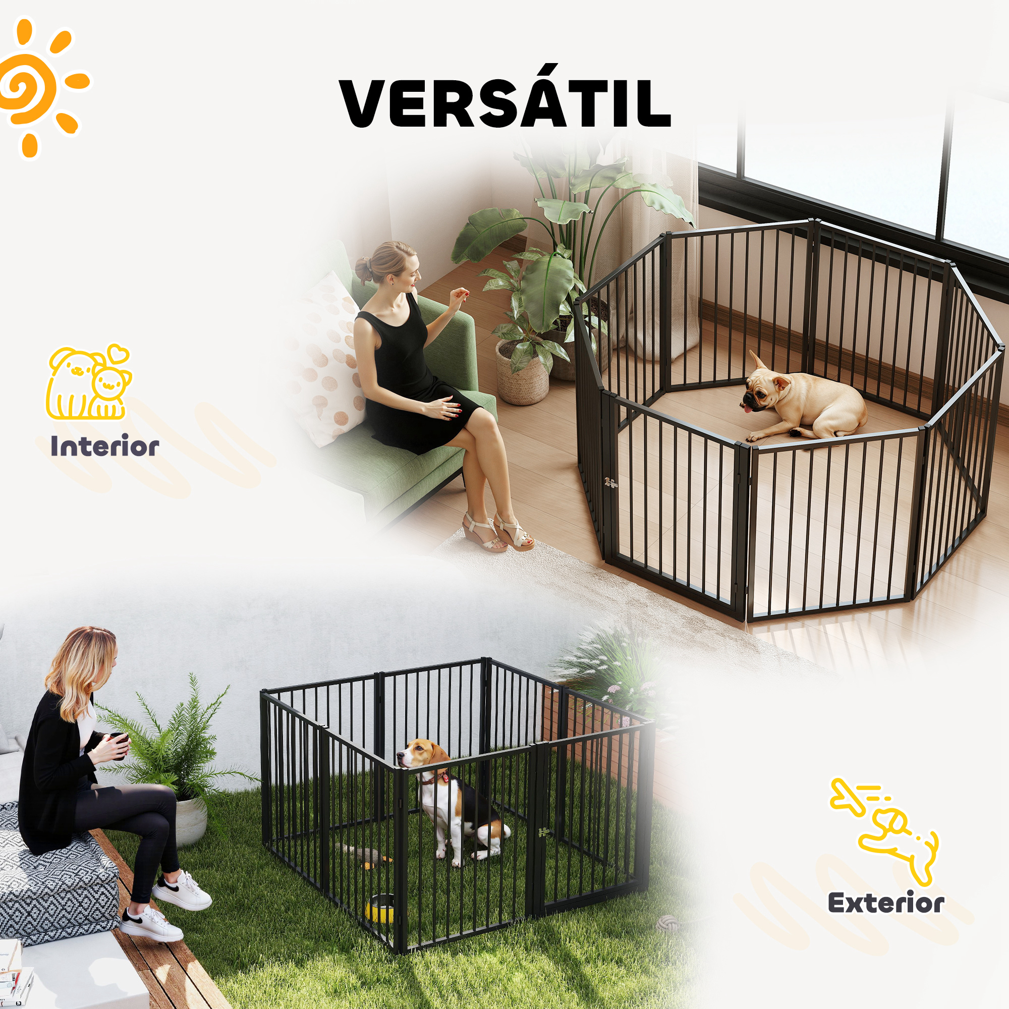 Una configuración de jaula para perros. Una escena muestra a una mujer en un sofá, otra tiene a una mujer en la hierba, y el perro está en una jaula.