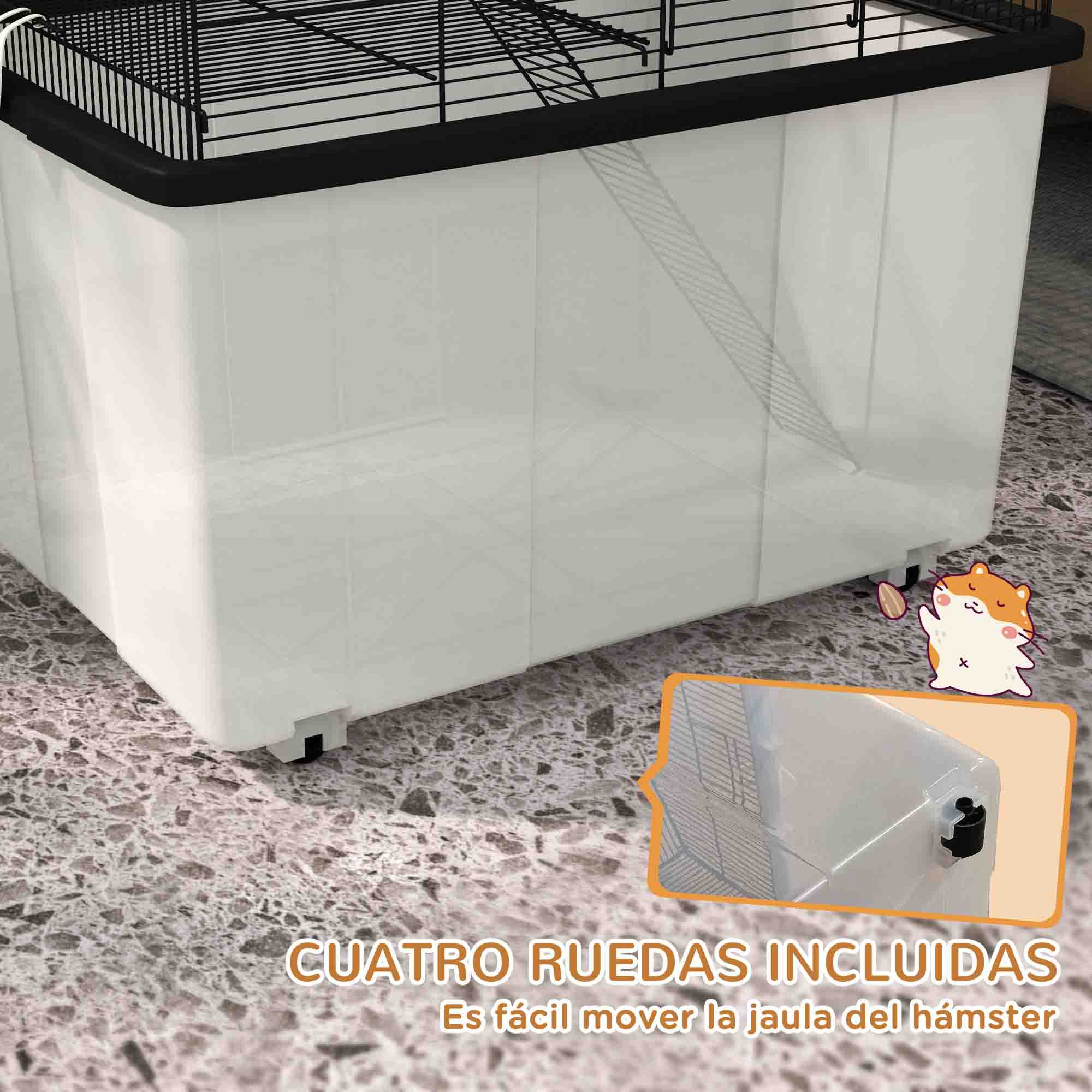 Un primer plano de una jaula para hámster. La jaula tiene una base de plástico transparente.