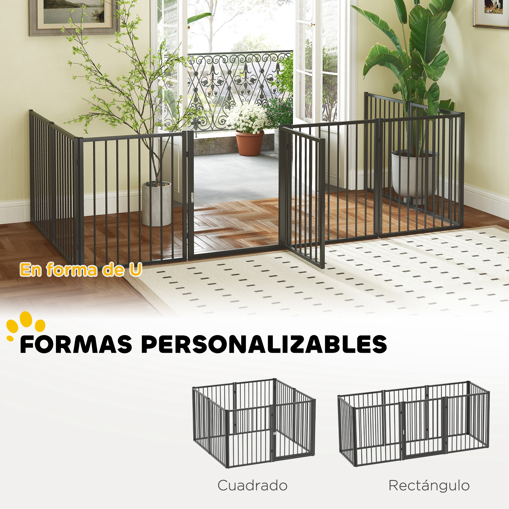 Se muestra un corralito para mascotas en forma de U con plantas y formas personalizables.