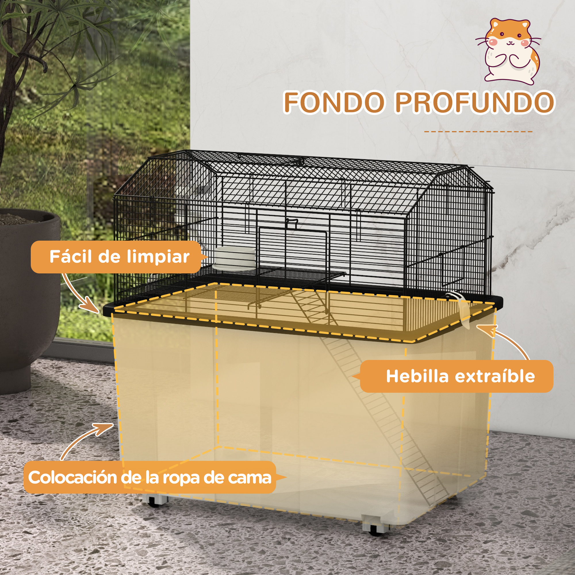 Un hábitat negro de alambre para mascotas se asienta sobre una base blanca, con escalera y cierres de hebilla a lo largo del lado.