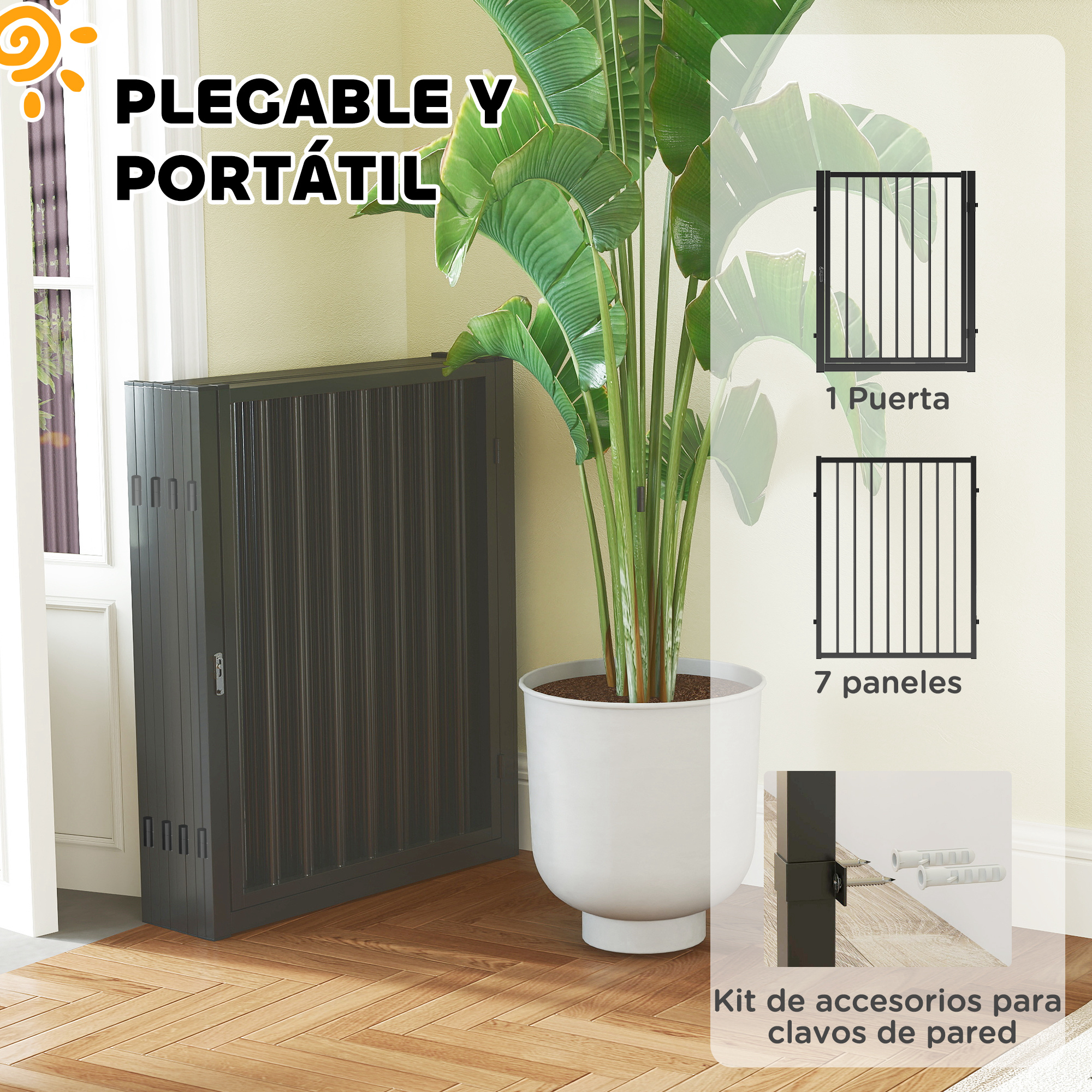 Una cubierta de radiador plegable negra se encuentra junto a una gran planta en una maceta blanca sobre un suelo de madera.