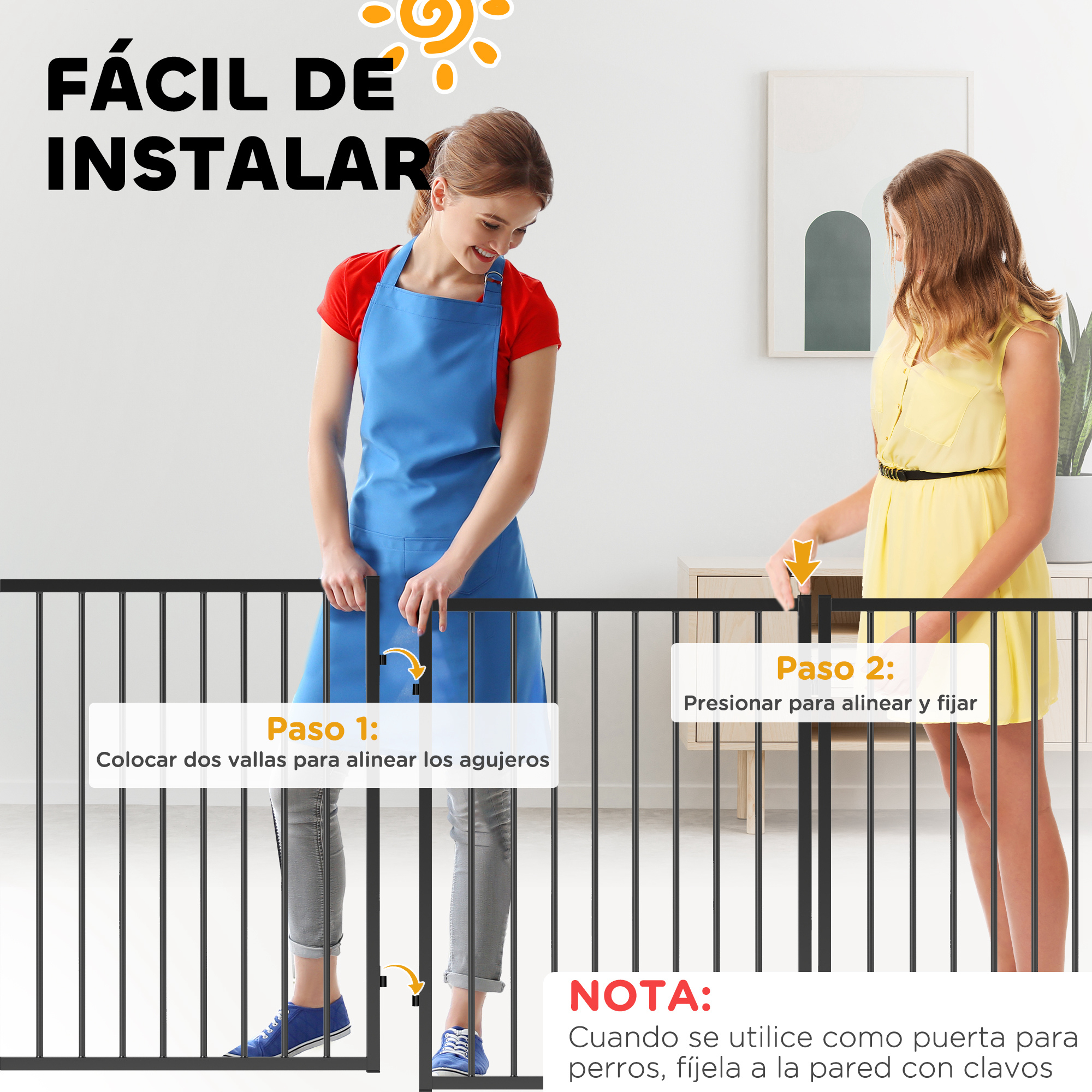 Dos mujeres instalan una puerta negra para mascotas con instrucciones paso a paso en una habitación luminosa.