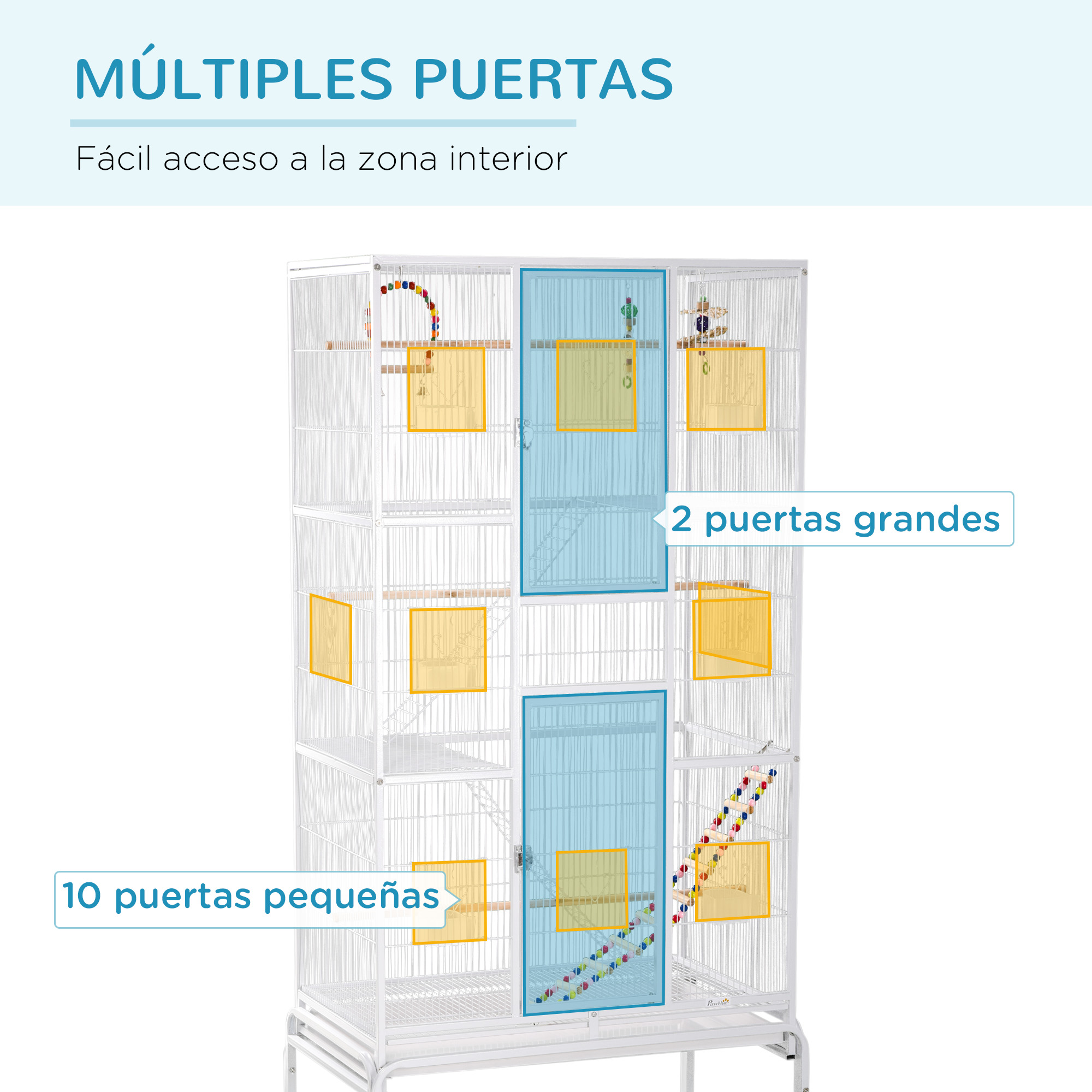 Una jaula alta para pájaros blanca con múltiples puertas resaltadas en azul y amarillo sobre un fondo blanco.