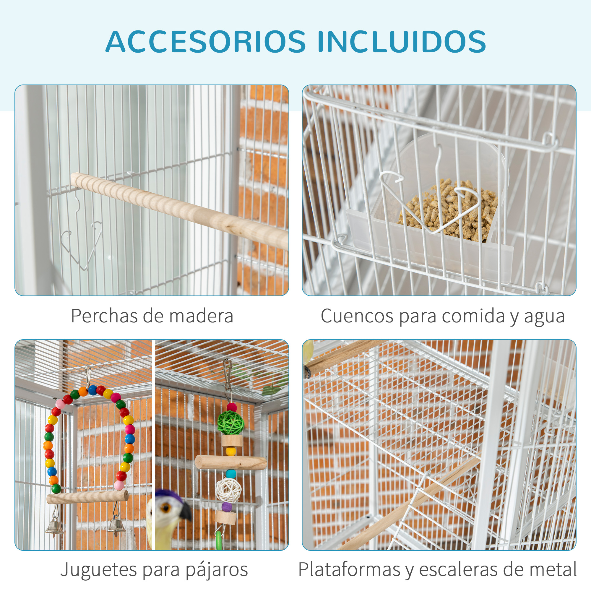 Accesorios para jaulas de pájaros: perchas de madera, comederos y bebederos, juguetes y plataformas/escaleras metálicas.