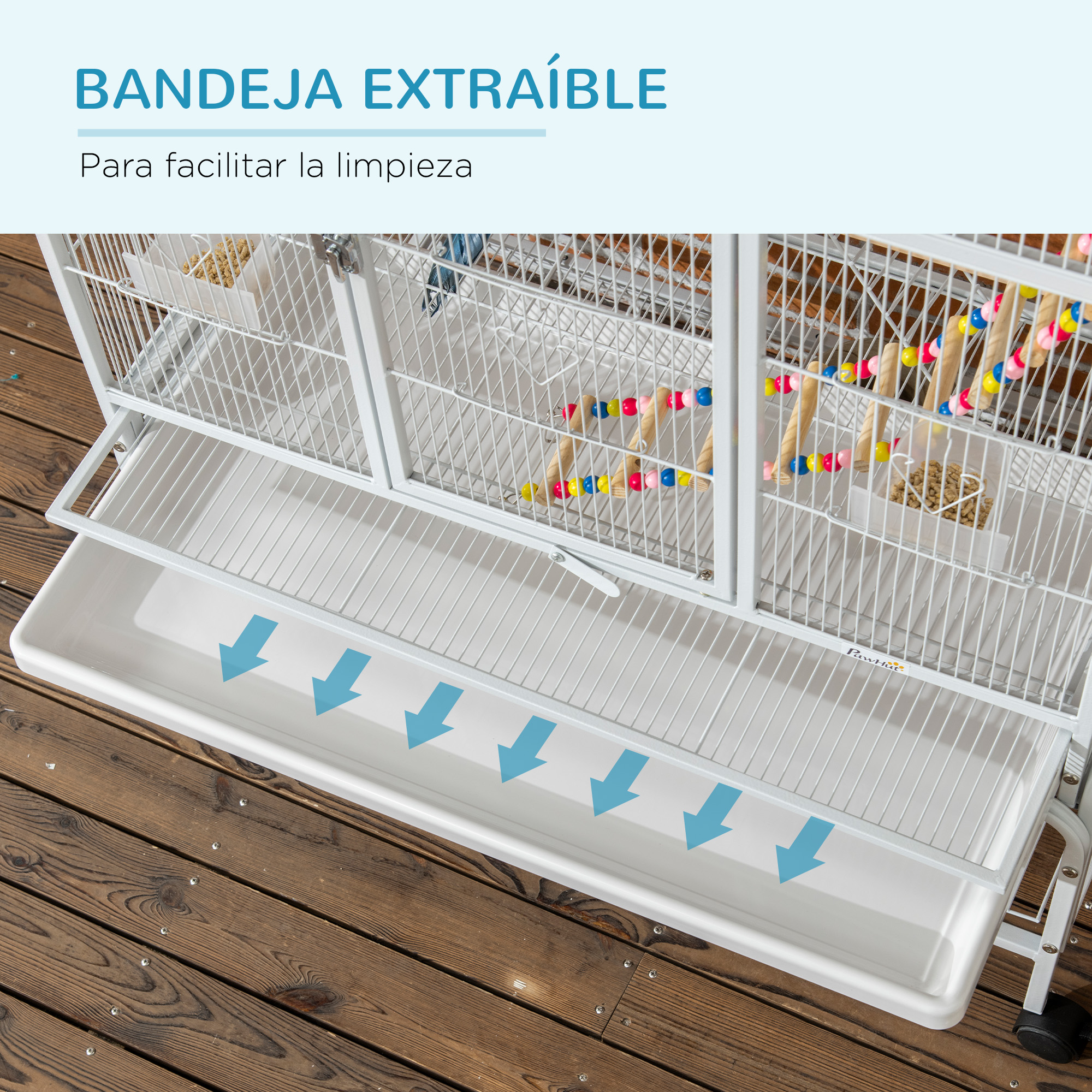 Una jaula para pájaros con una bandeja extraíble para facilitar la limpieza, con flechas que indican la dirección.