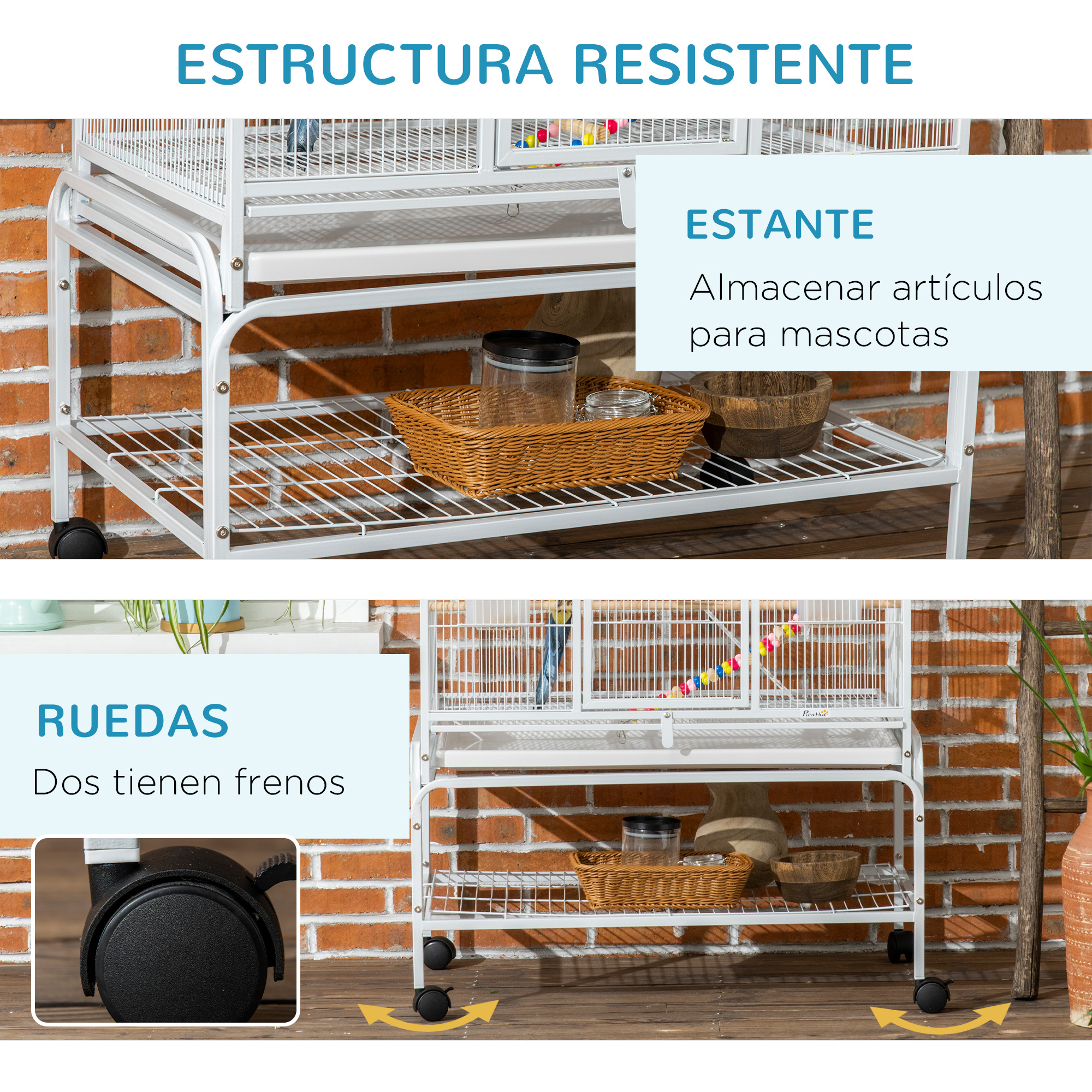 Una jaula blanca para mascotas con estantes y ruedas. Varios objetos están en los estantes.