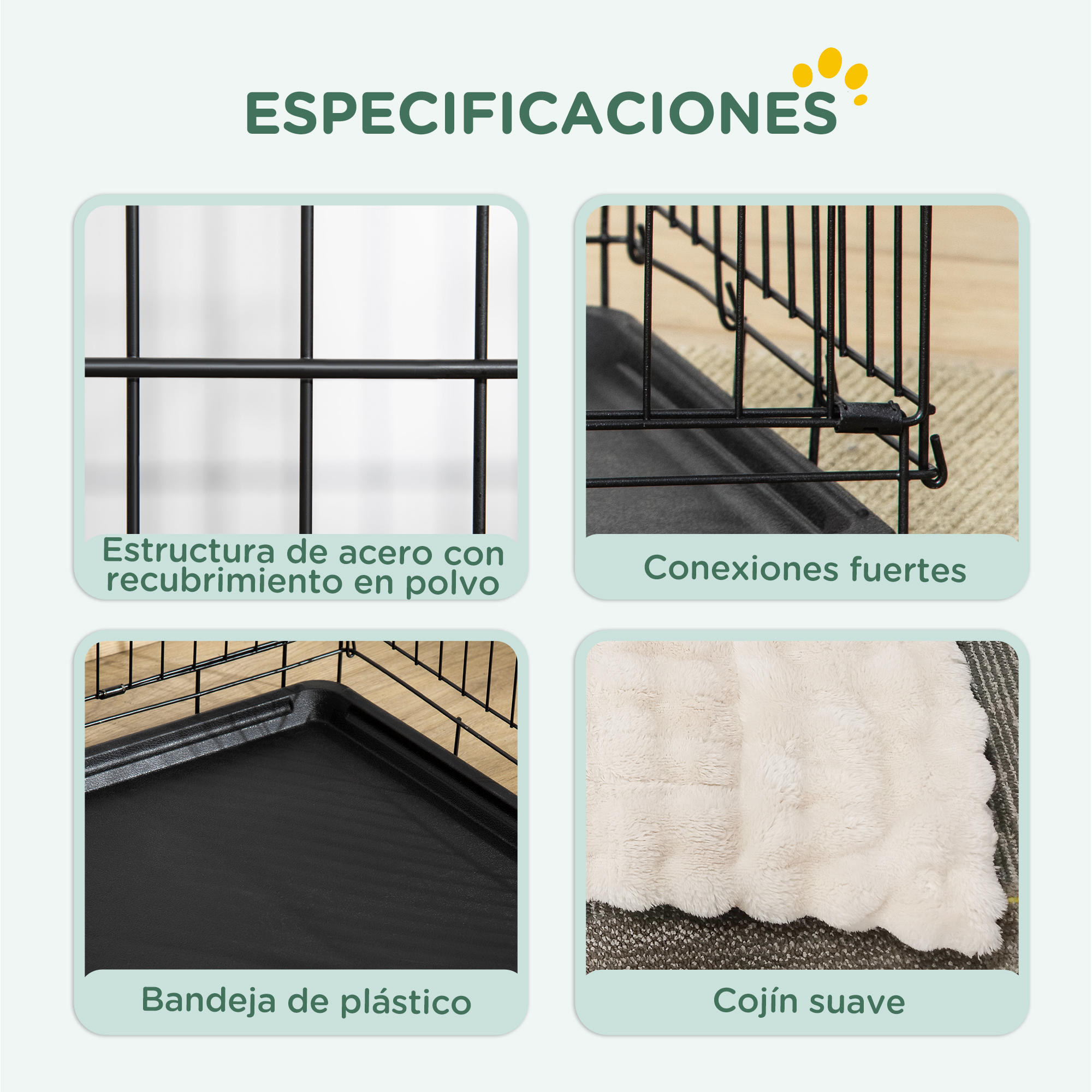 Imagen con 4 cuadros que muestran una estructura de jaula metálica, conexiones fuertes, bandeja de plástico y cojín suave.