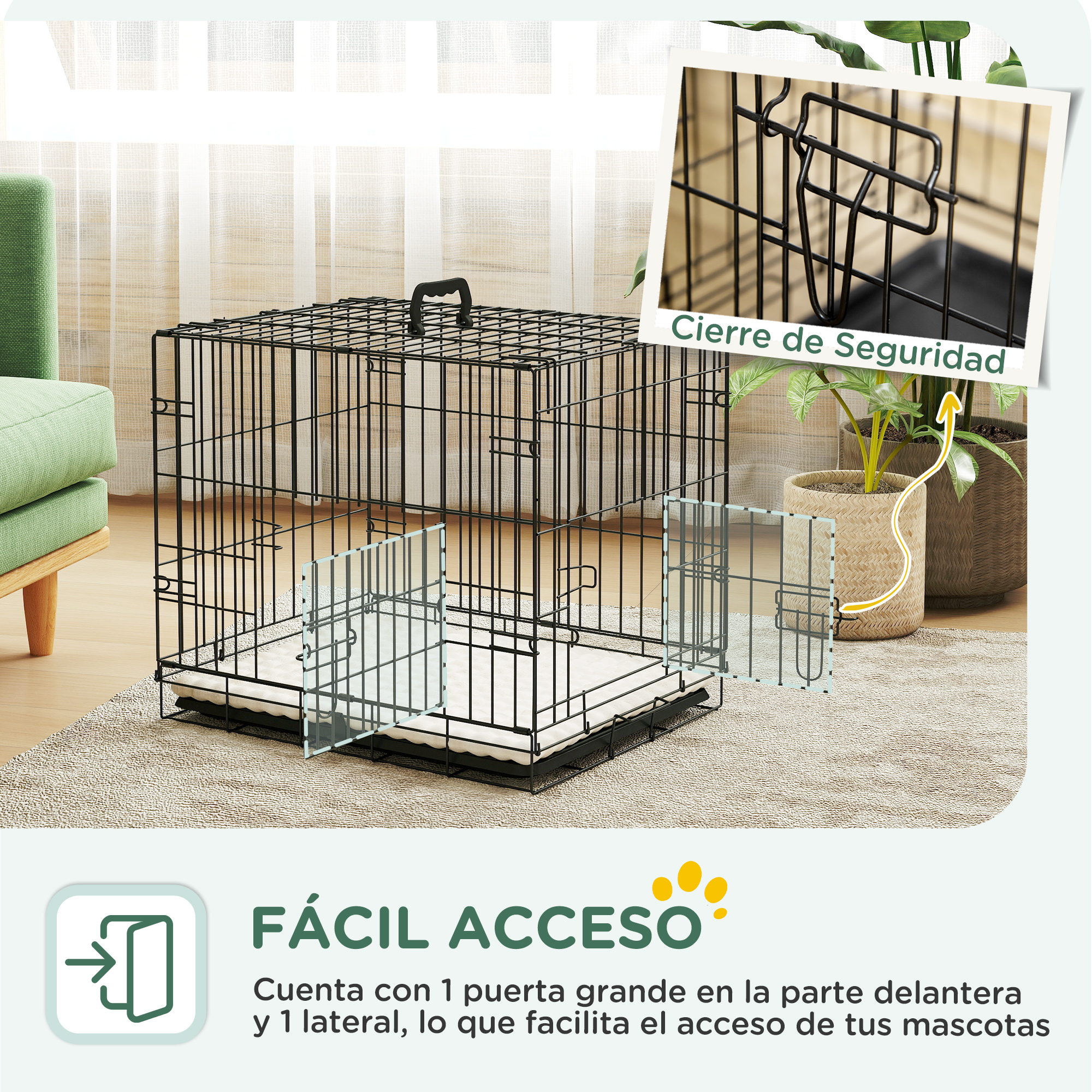Una jaula para perros con fácil acceso. Tiene una puerta delantera grande y una puerta lateral. Un perro está sentado dentro.
