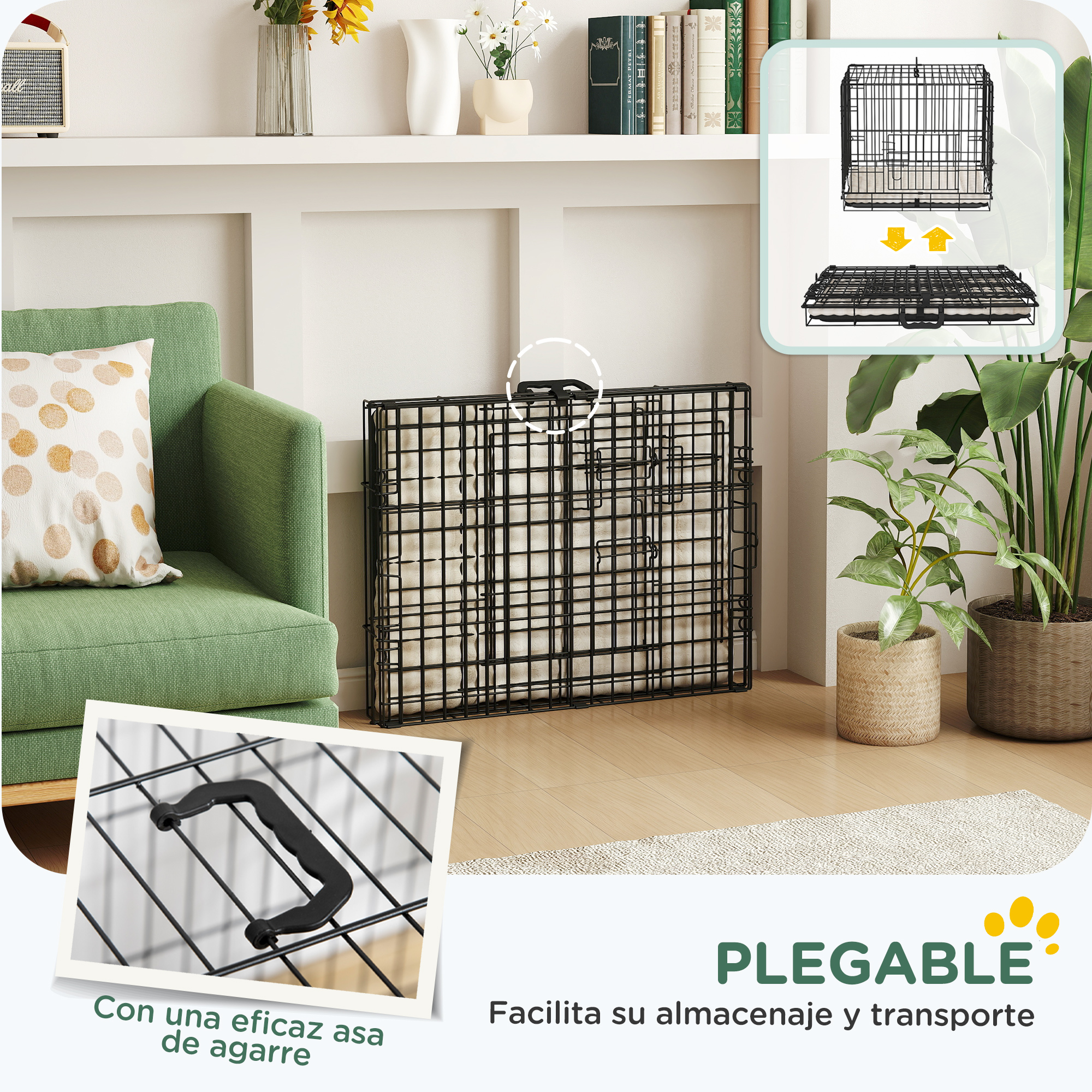 Una jaula para perros plegable con asa. Muestra cómo plegar y tiene un asa para facilitar el transporte.