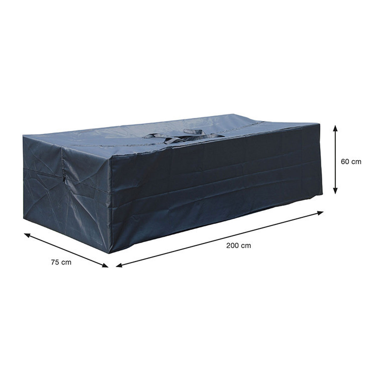 A rectangular black cover with dimensions marked. The cover appears to protect an object.