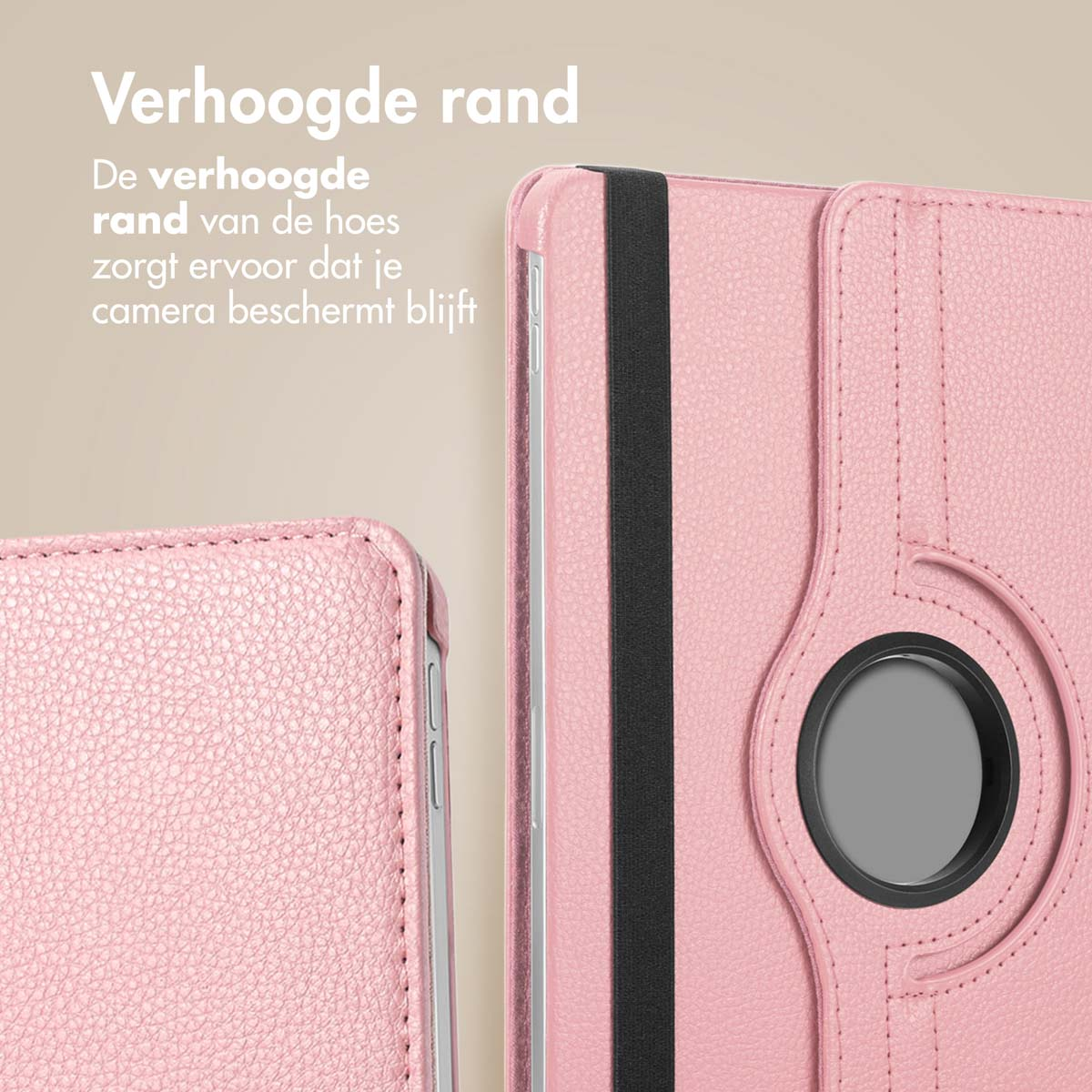 A close-up of a pink tablet case, showing the edge and a black elastic band.