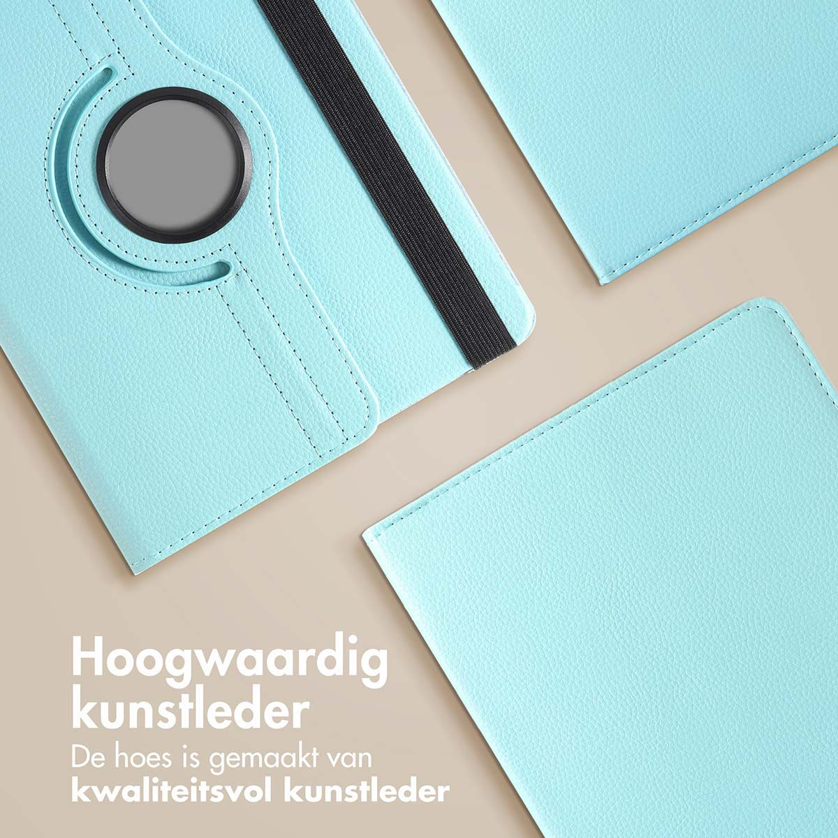 A close-up view of a light blue tablet case with a black elastic band on a textured surface.