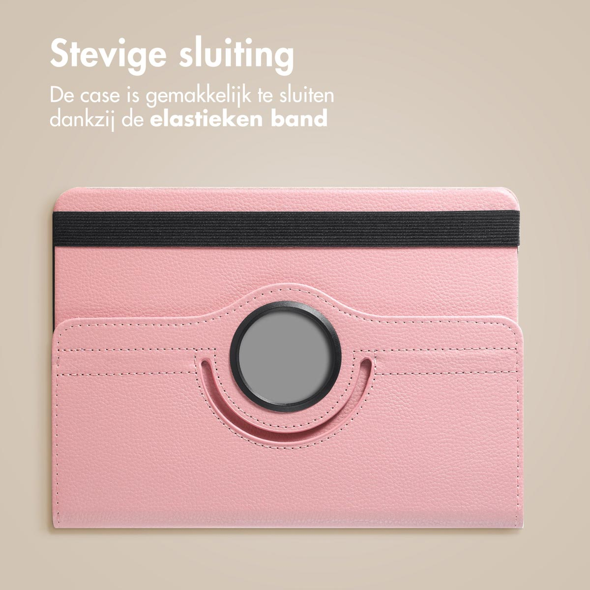 A close-up of a pink tablet case with a black elastic band, showcasing the closure.