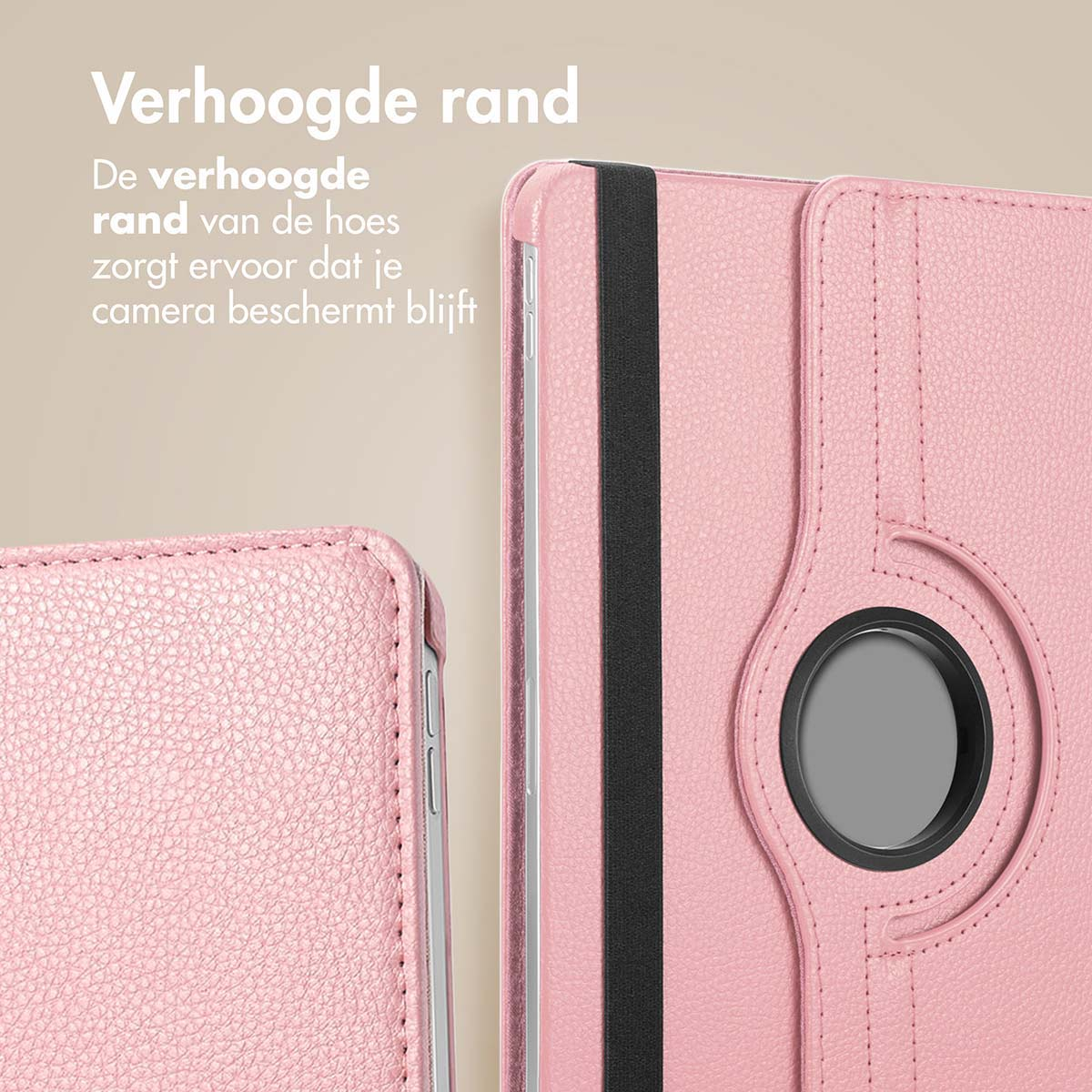 Close-up of a pink tablet case showing the camera hole and raised edge.