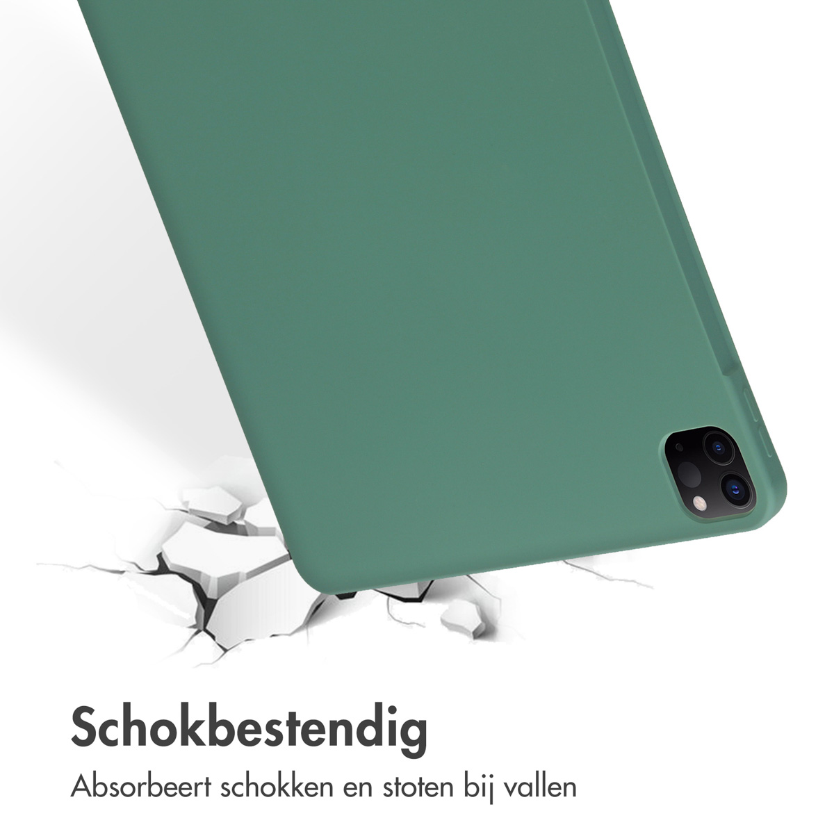 Exploded view van een tablethoes met een schermbeschermer en een siliconen buitenlaag.