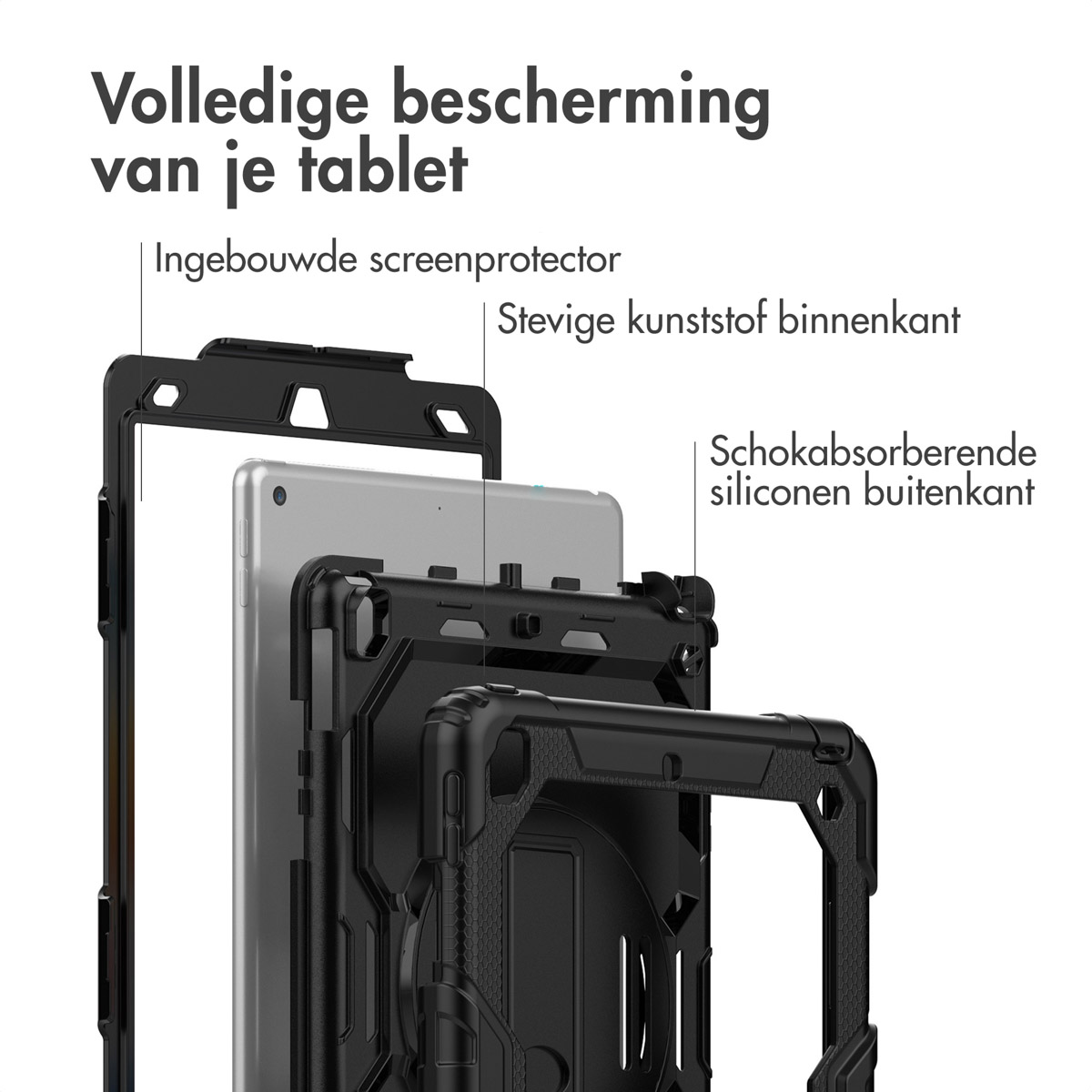 Housse de tablette, noire, montrant la construction en couches. La tablette se trouve à l'intérieur de la housse.