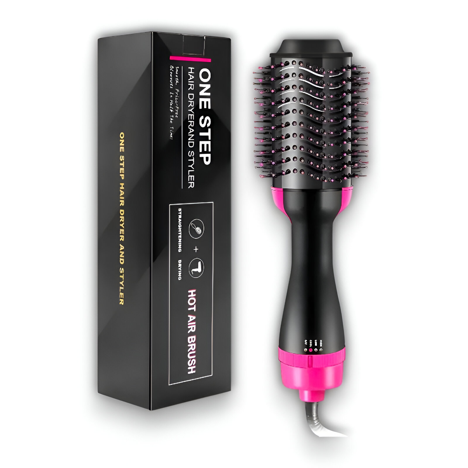 Una caja del producto y un cepillo secador de pelo rosa y negro. La caja tiene texto: 'ONE STEP HAIR DRYER AND STYLER'.