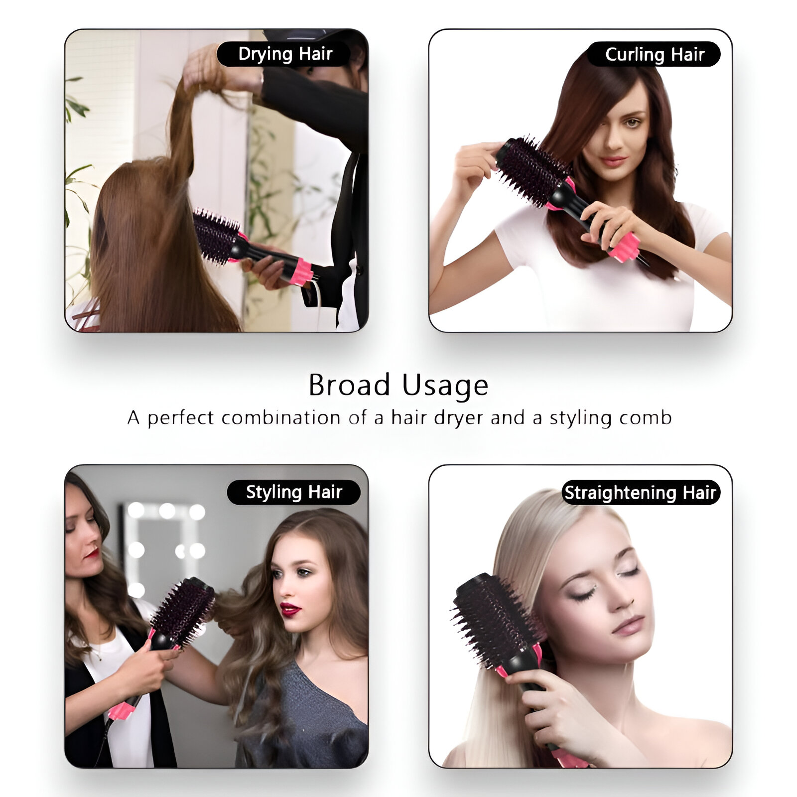 Imágenes que muestran cómo usar una herramienta para peinar el cabello. Secado, rizado, peinado y alisado.