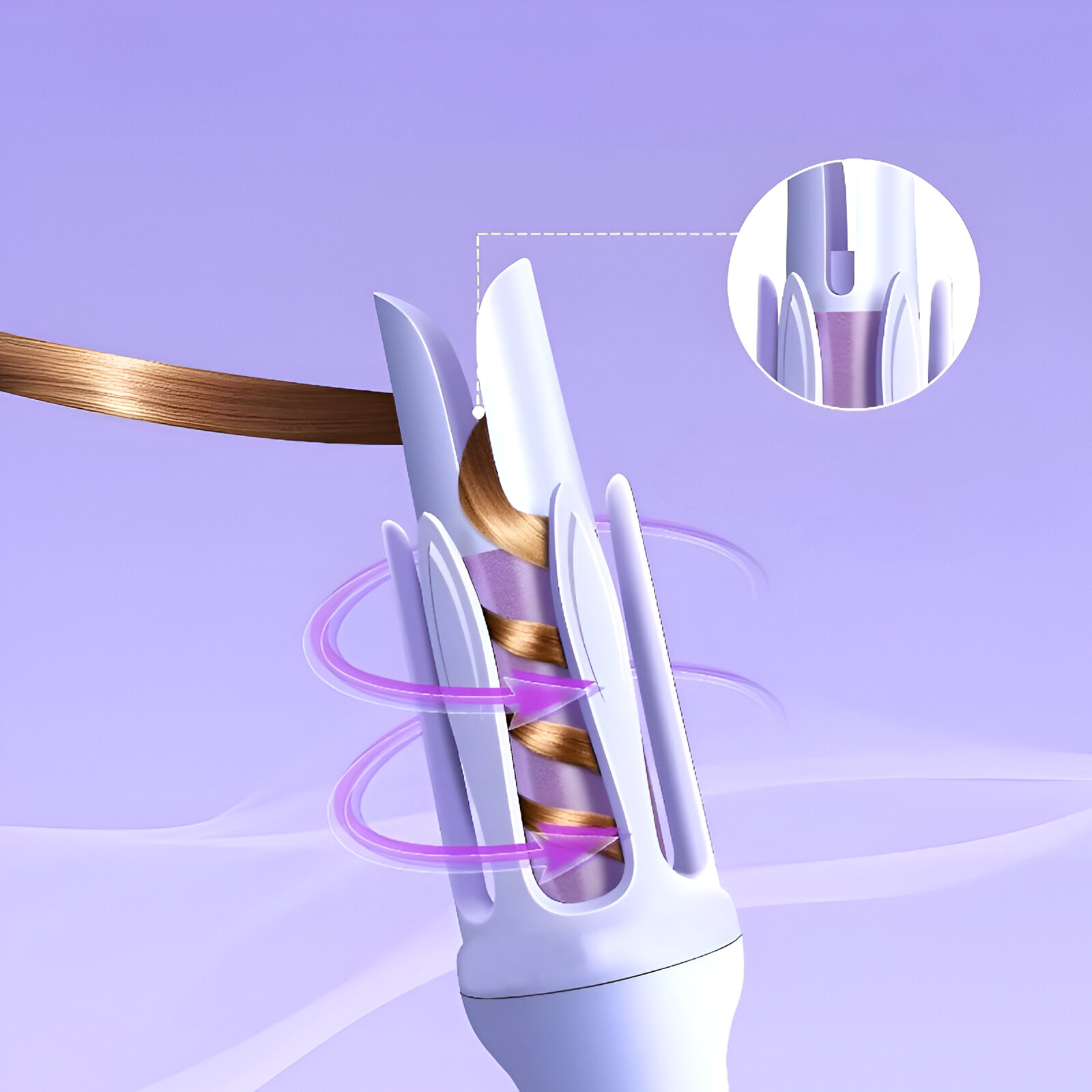 Primer plano del cabello peinado con una herramienta para rizar. El cabello es marrón y la herramienta es blanca.
