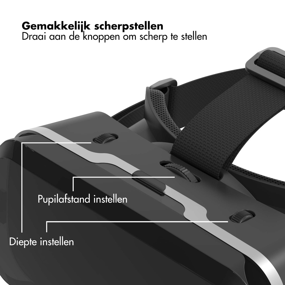 VR headset with adjustment points for depth and pupil distance. Text in Dutch.