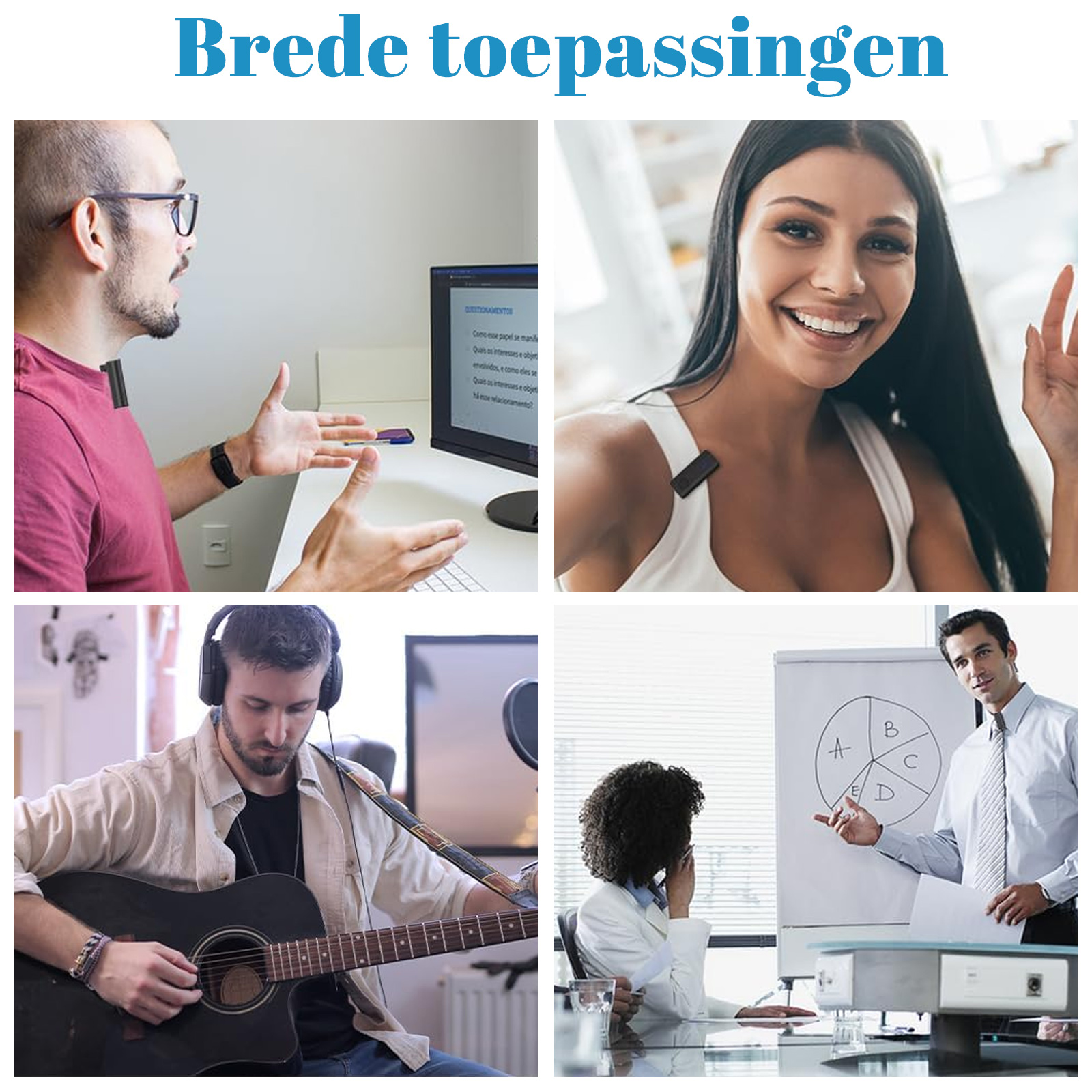 Vier Bilder, die Menschen zeigen, die kleine Mikrofone verwenden, eines in einem Meeting, eines lächelnd, eines Gitarre spielend und eines in einer Konferenz.