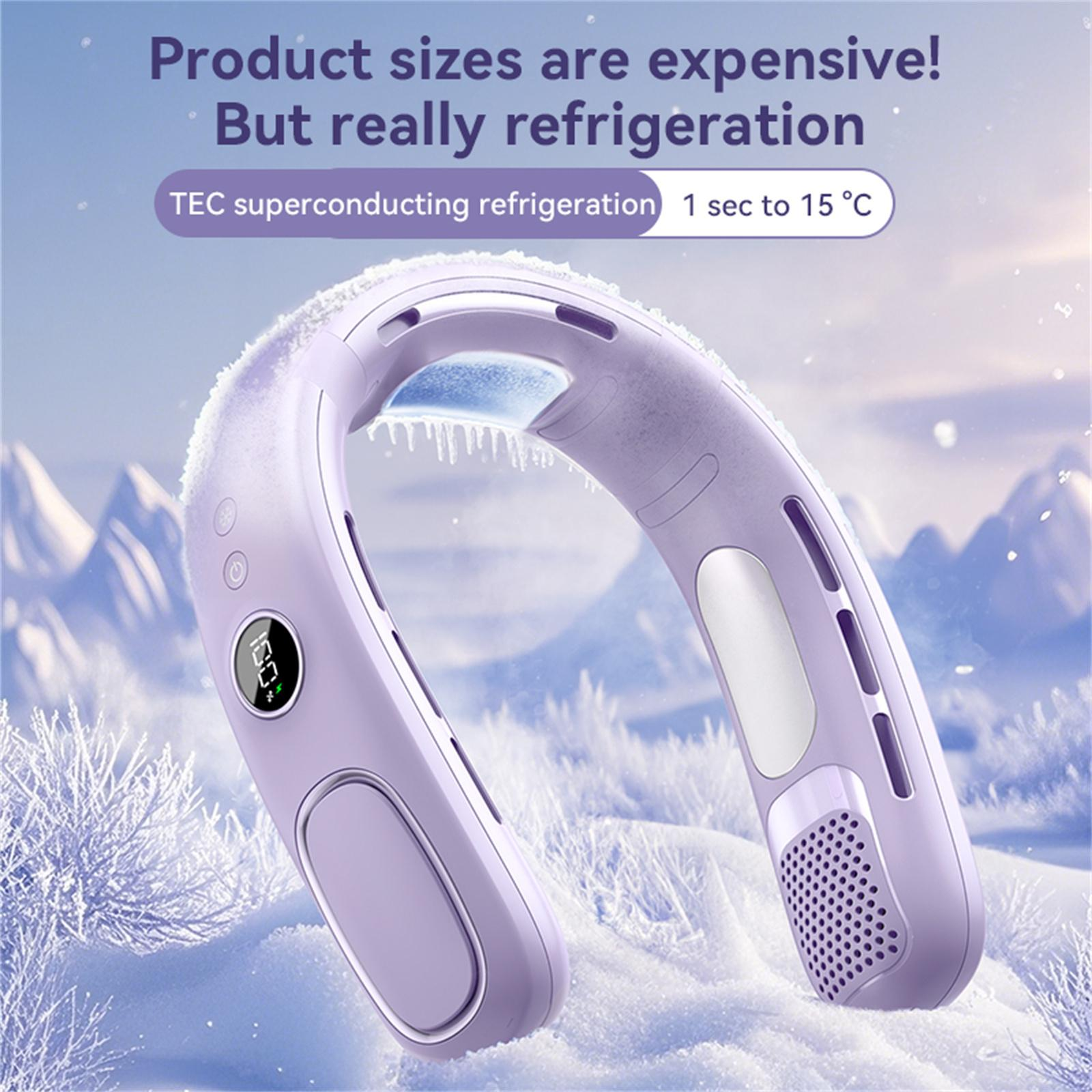 Ein lila Nackenkühler wird im Schnee gezeigt, mit einem Text über Kühlung und Temperatur. Der Kühler befindet sich in einer Winterszene.