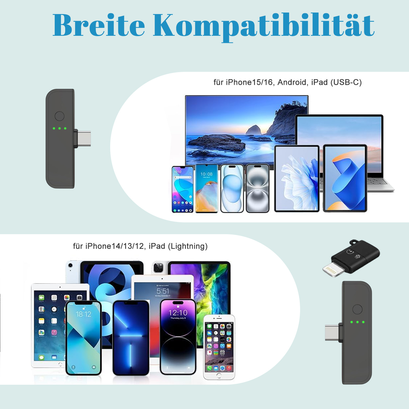 Verschiedene Geräte, einschließlich Telefone und Tablets, mit USB-C- und Lightning-Anschlüssen.