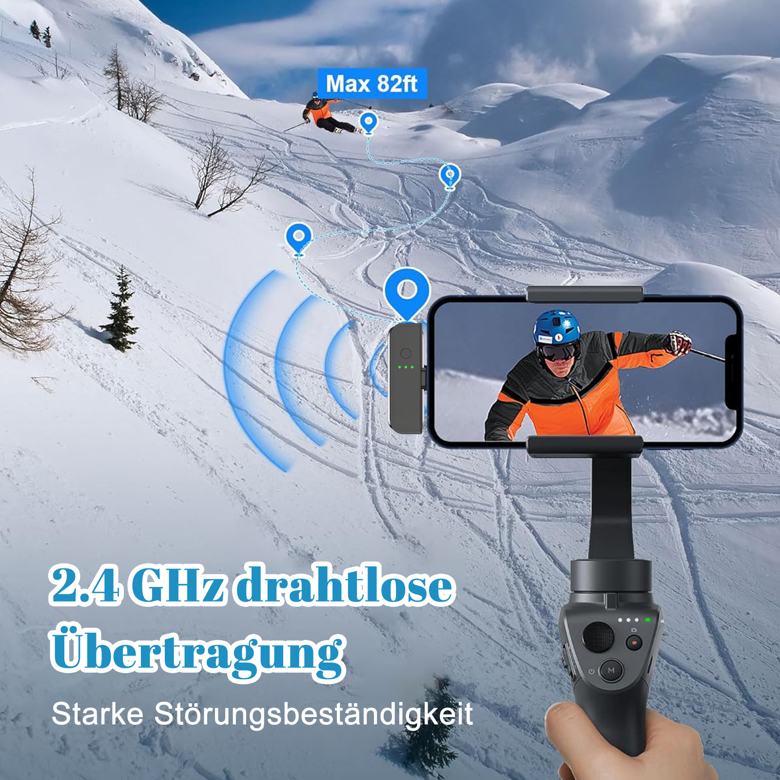 Eine Person hält ein Smartphone mit einem Skifahrer auf dem Bildschirm in einer verschneiten Berglandschaft. Text über drahtlose Übertragung ist sichtbar.