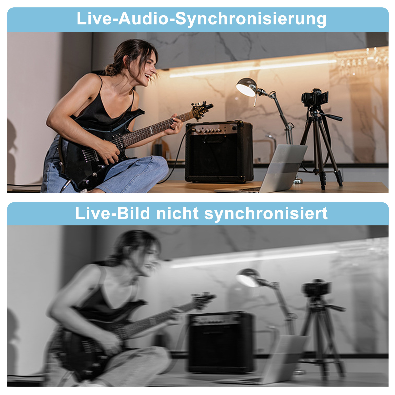 Zwei Bilder zeigen eine Frau, die Gitarre spielt. Oben: Farbe, synchronisiert. Unten: verschwommen, Graustufen, nicht synchronisiert.