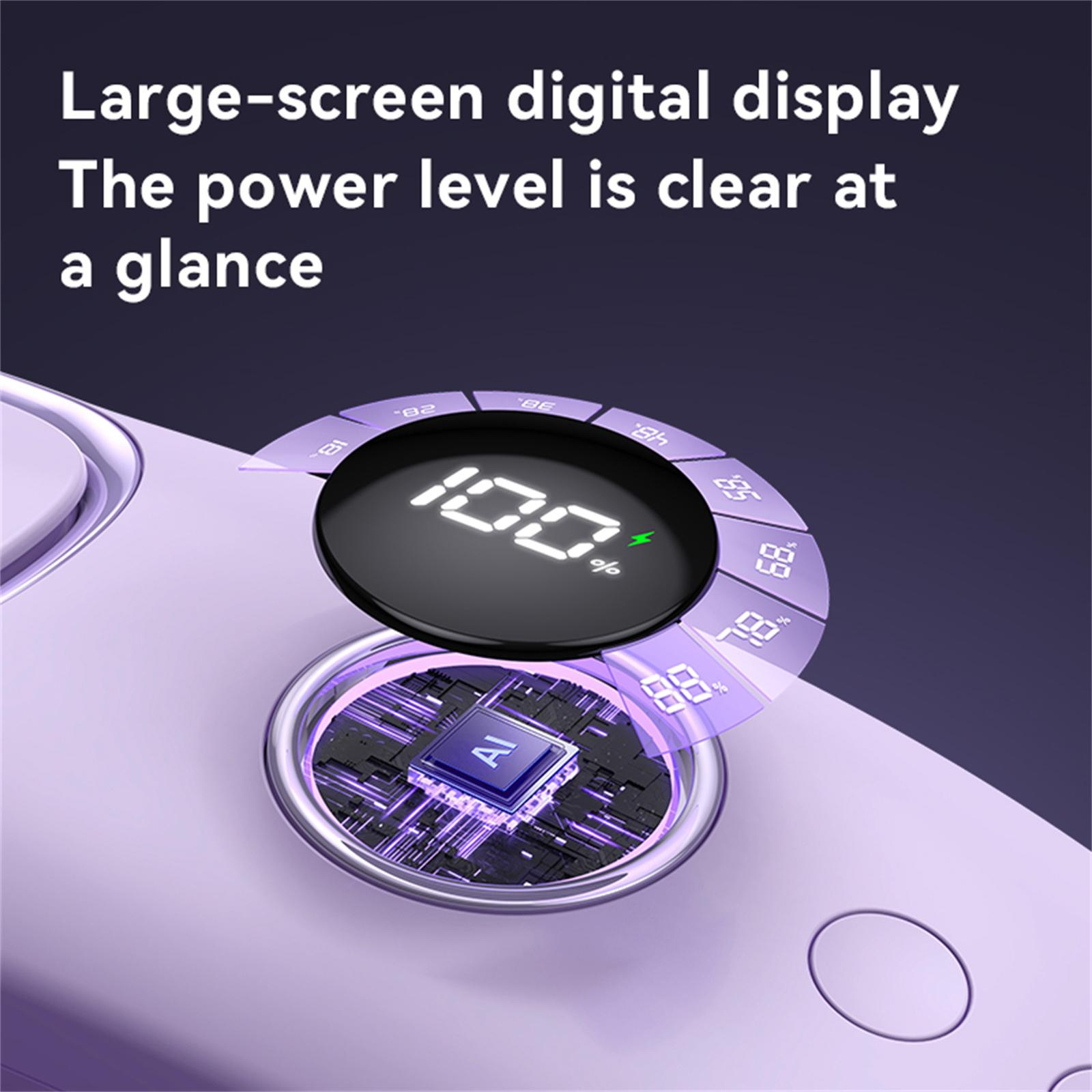 Ein Digitaldisplay zeigt 100% Akku. Nahaufnahme eines Geräts mit lila Akzenten.